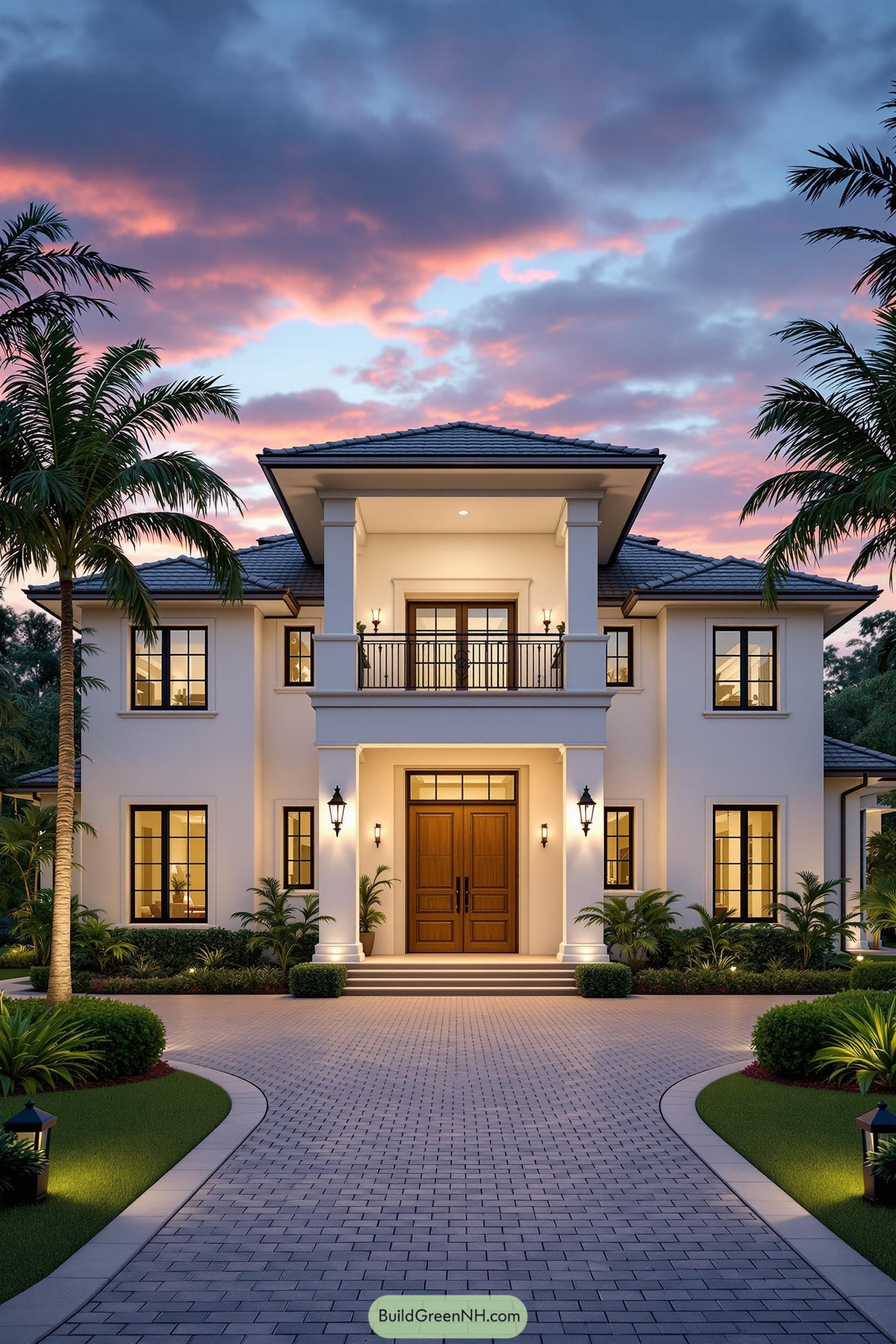 Luxurious mansion with tropical landscape at sunset