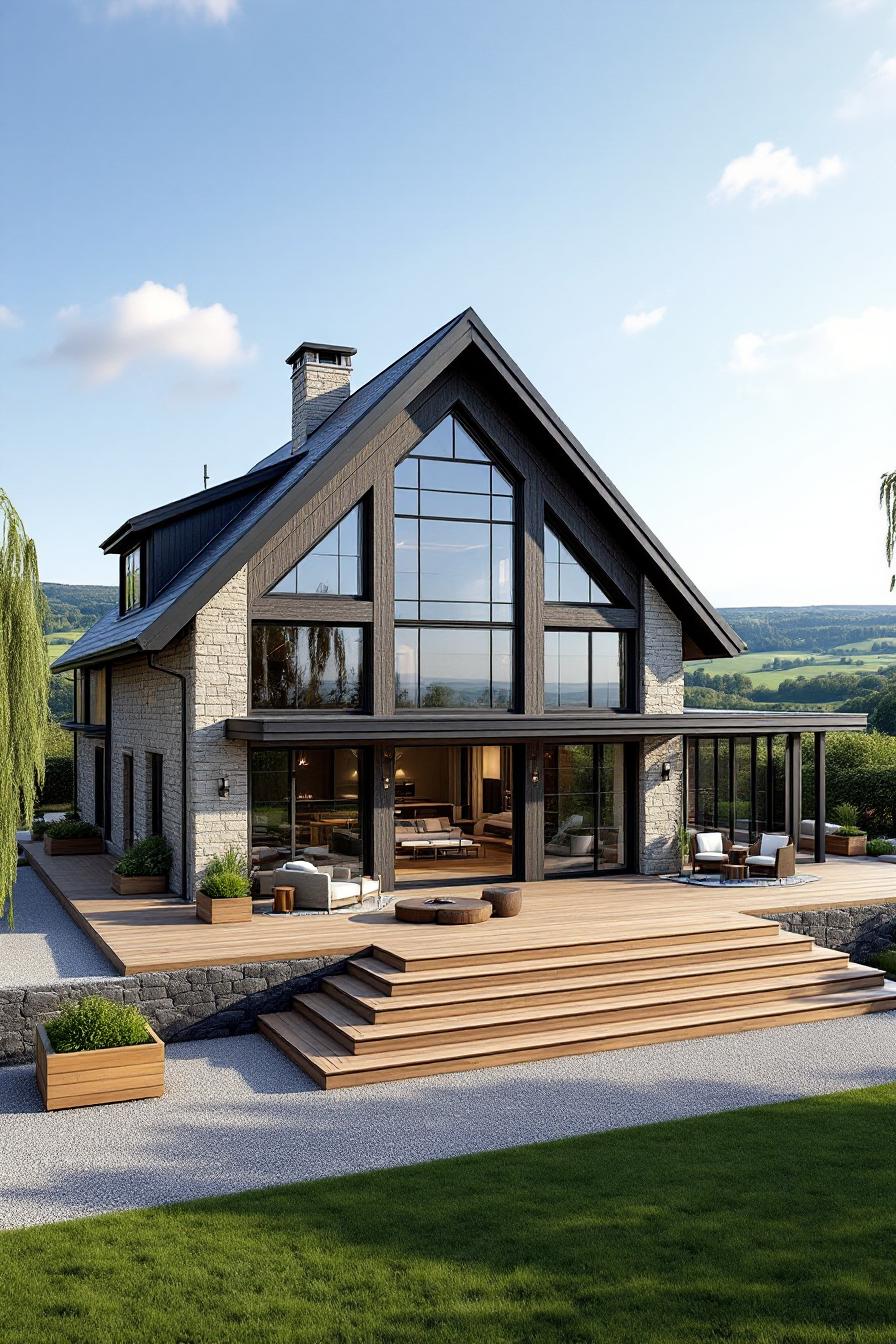 Elegant barndominium surrounded by lush landscape