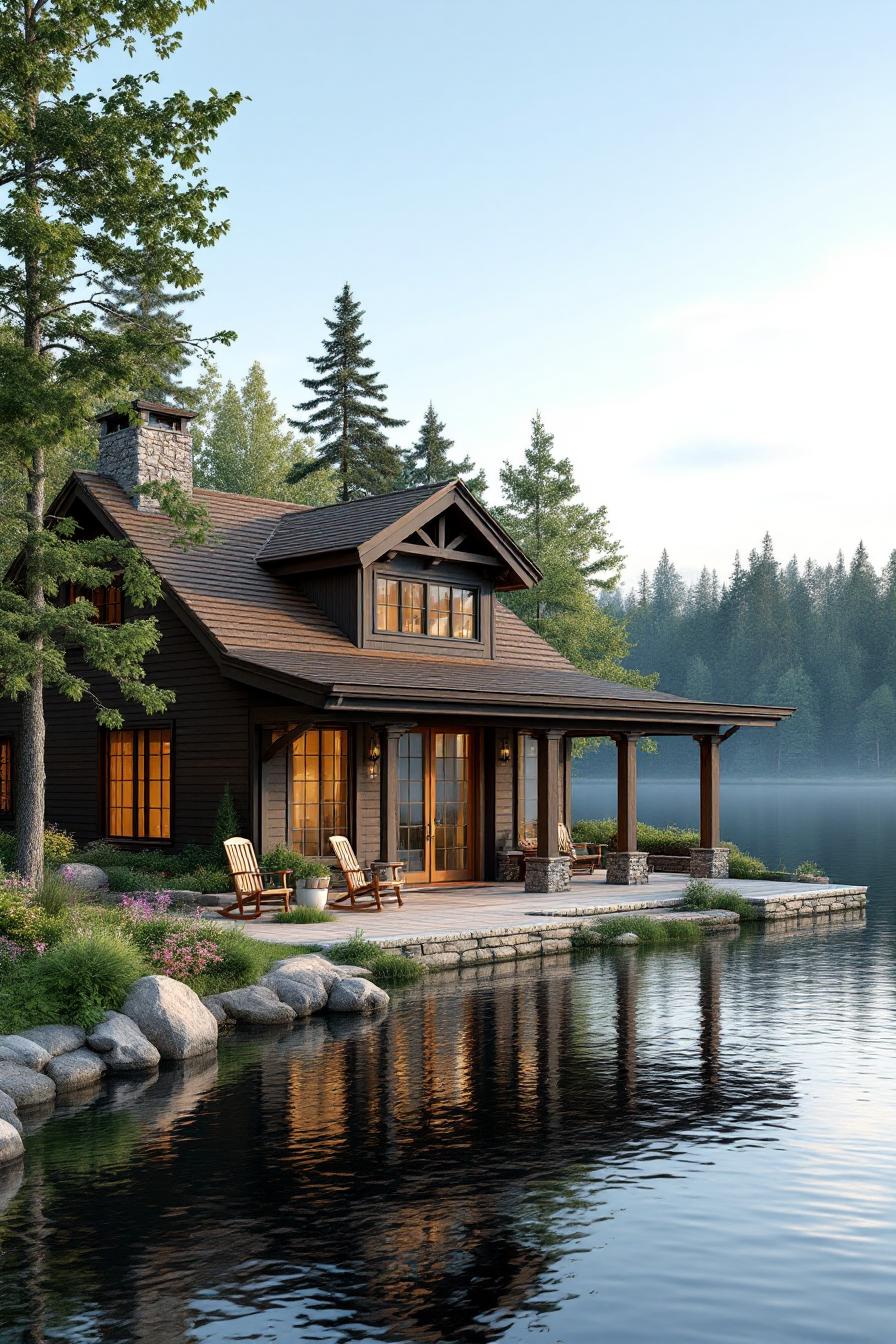 Cozy lakeside cabin with a stone chimney and wooden deck