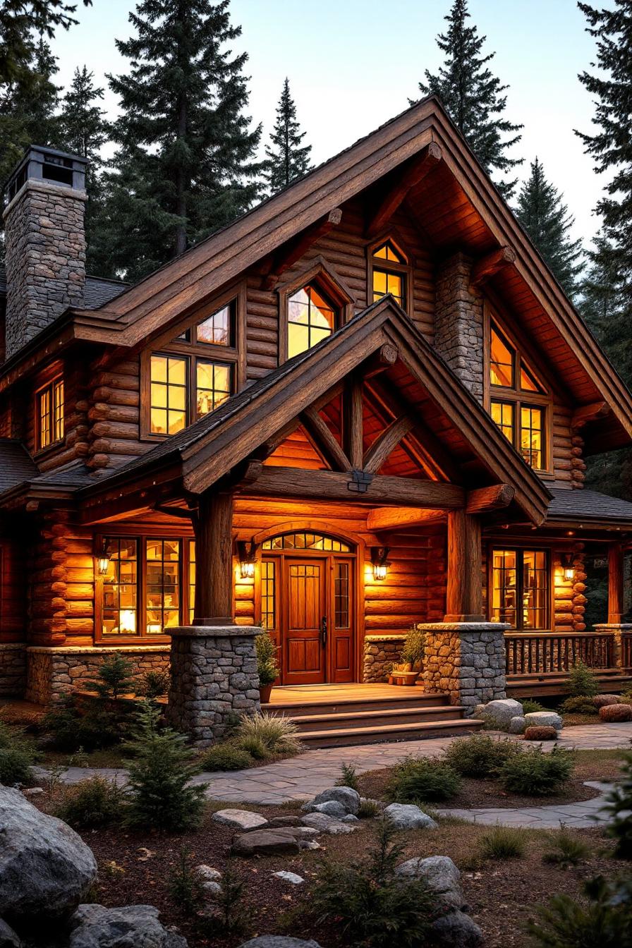 Majestic log cabin with warm lights glowing