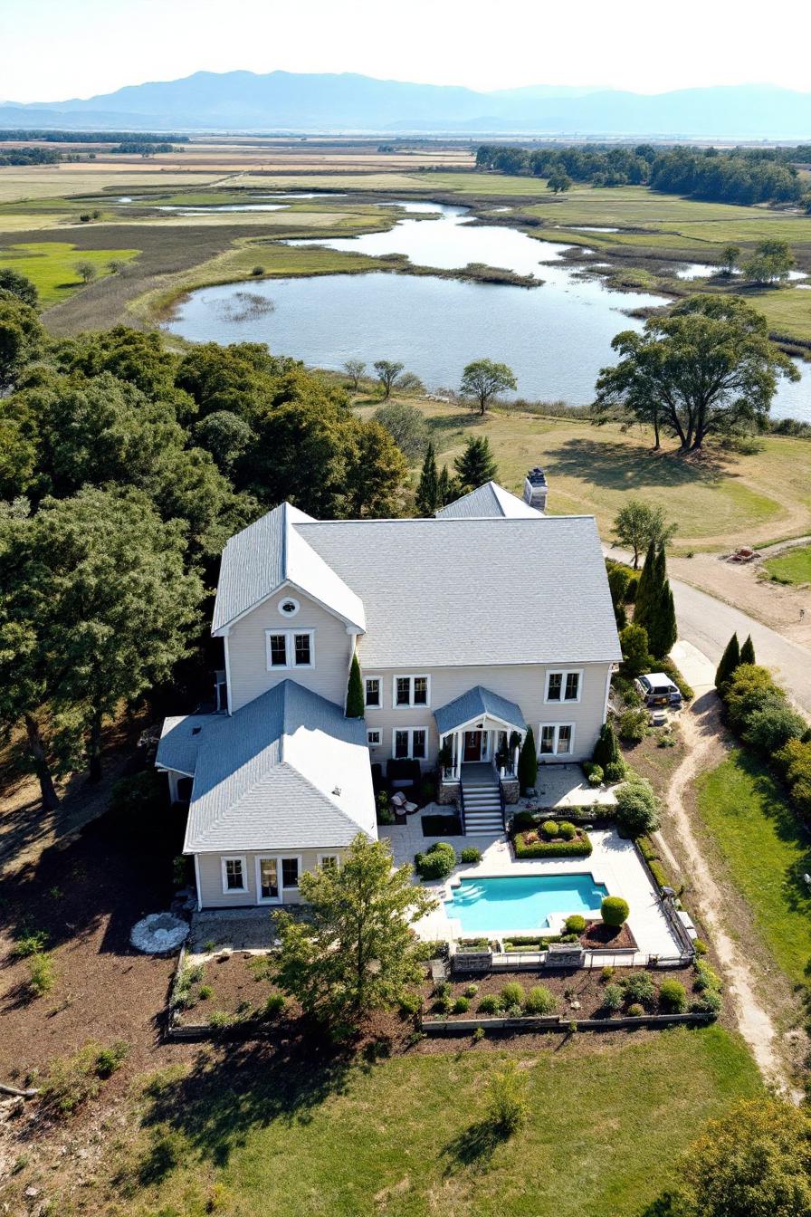 Elegant home perched by a serene riverbend