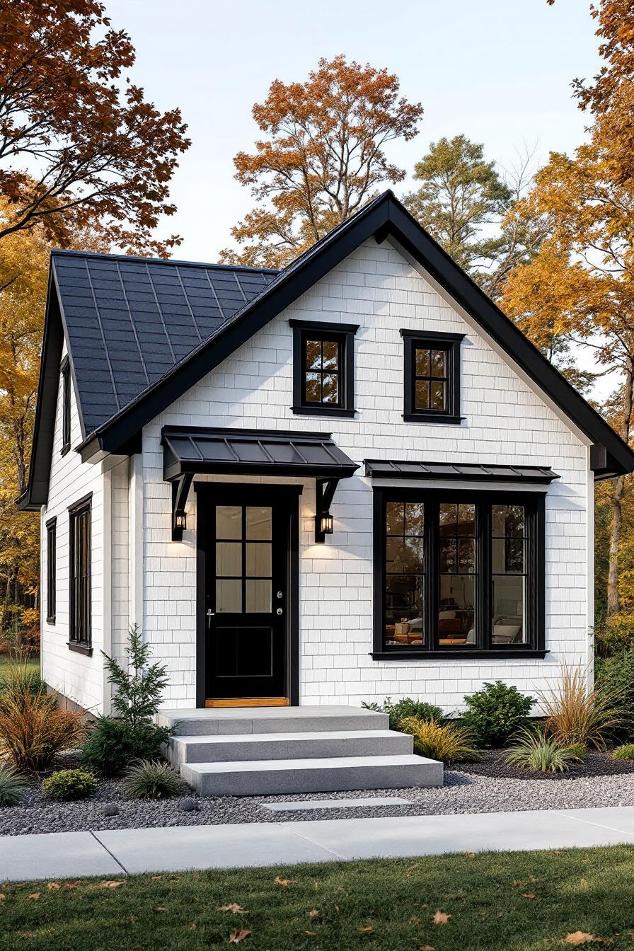 White cottage with black accents surrounded by autumn trees