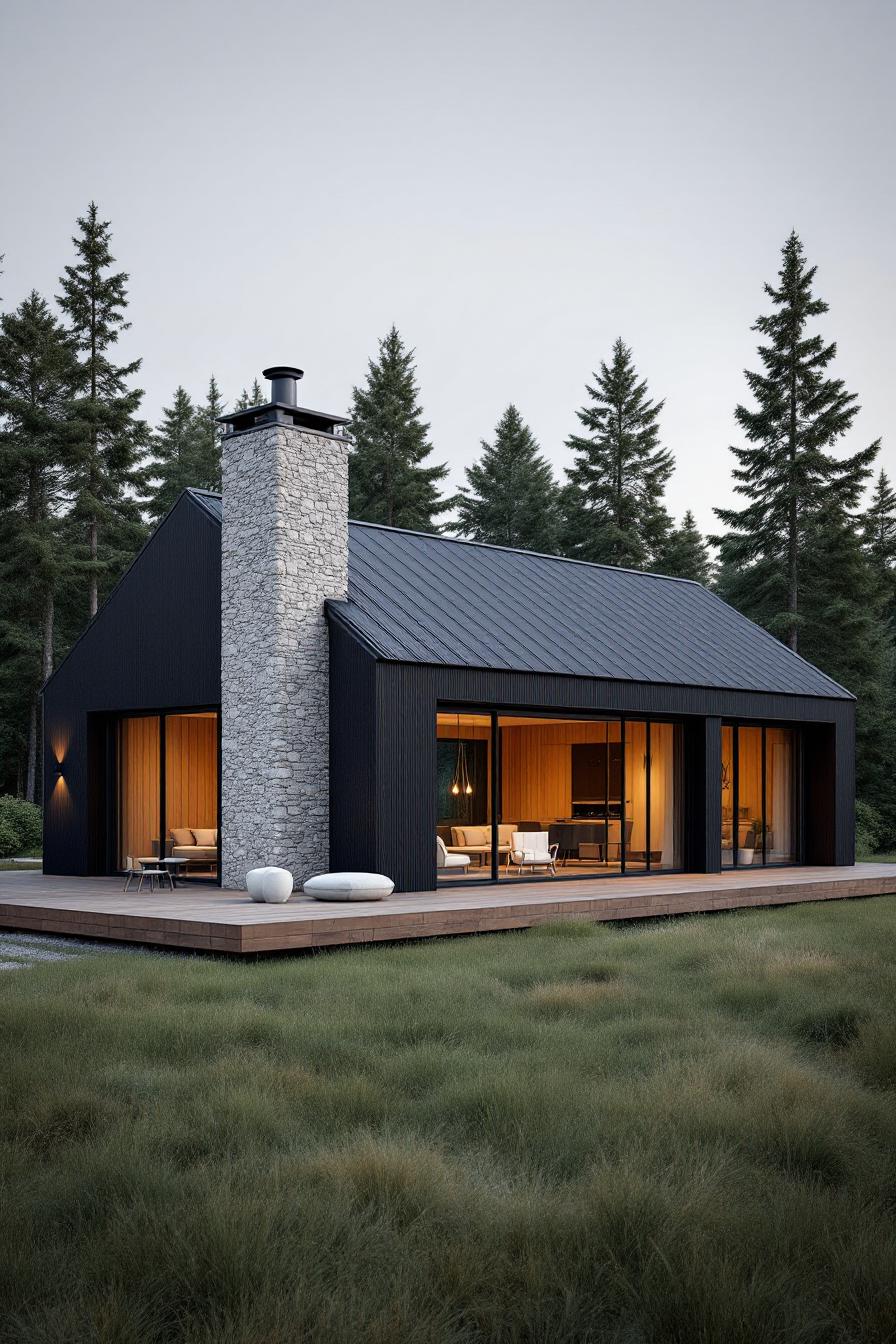 Contemporary cottage with large windows and stone chimney