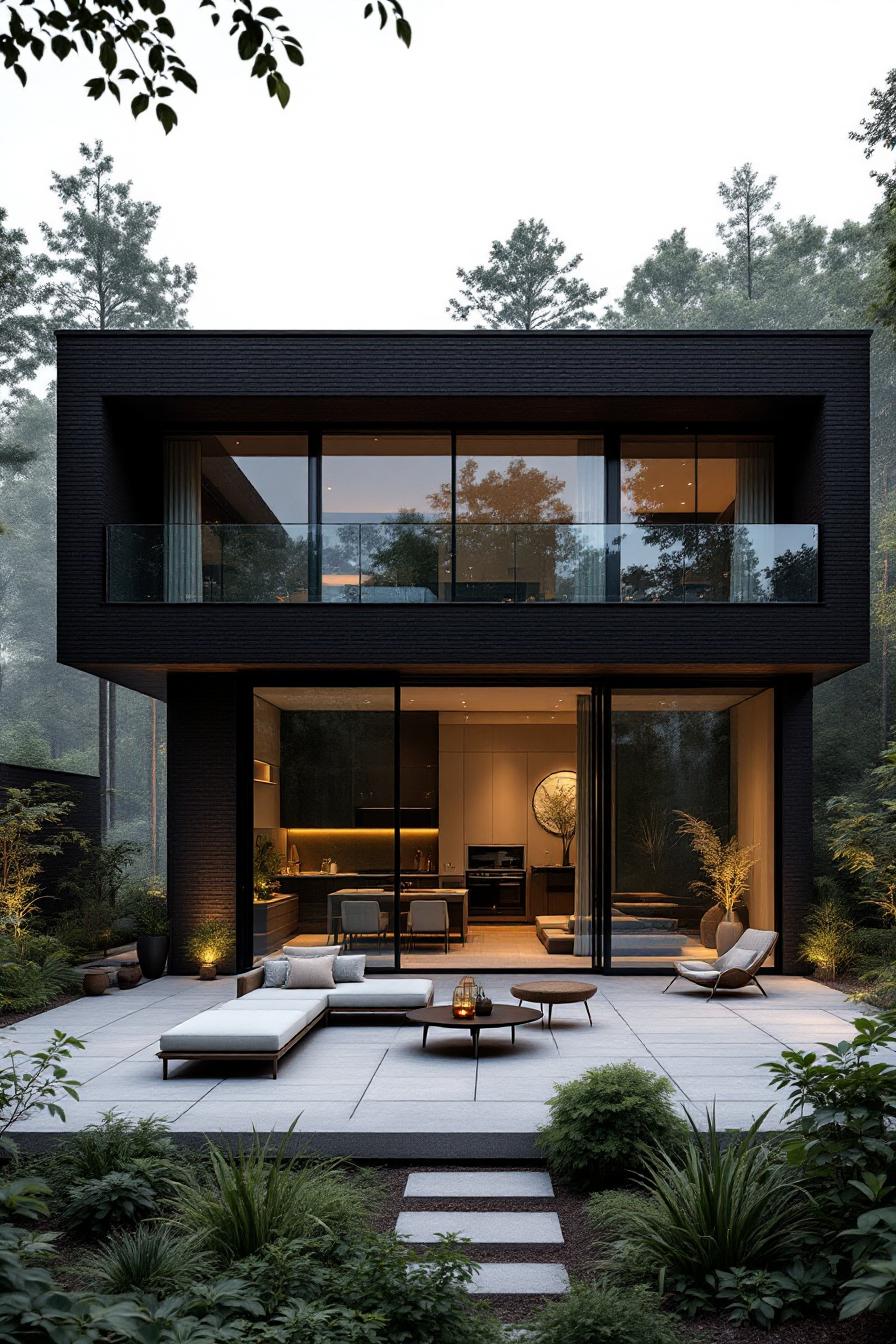 Sleek black modern house with open patio setting