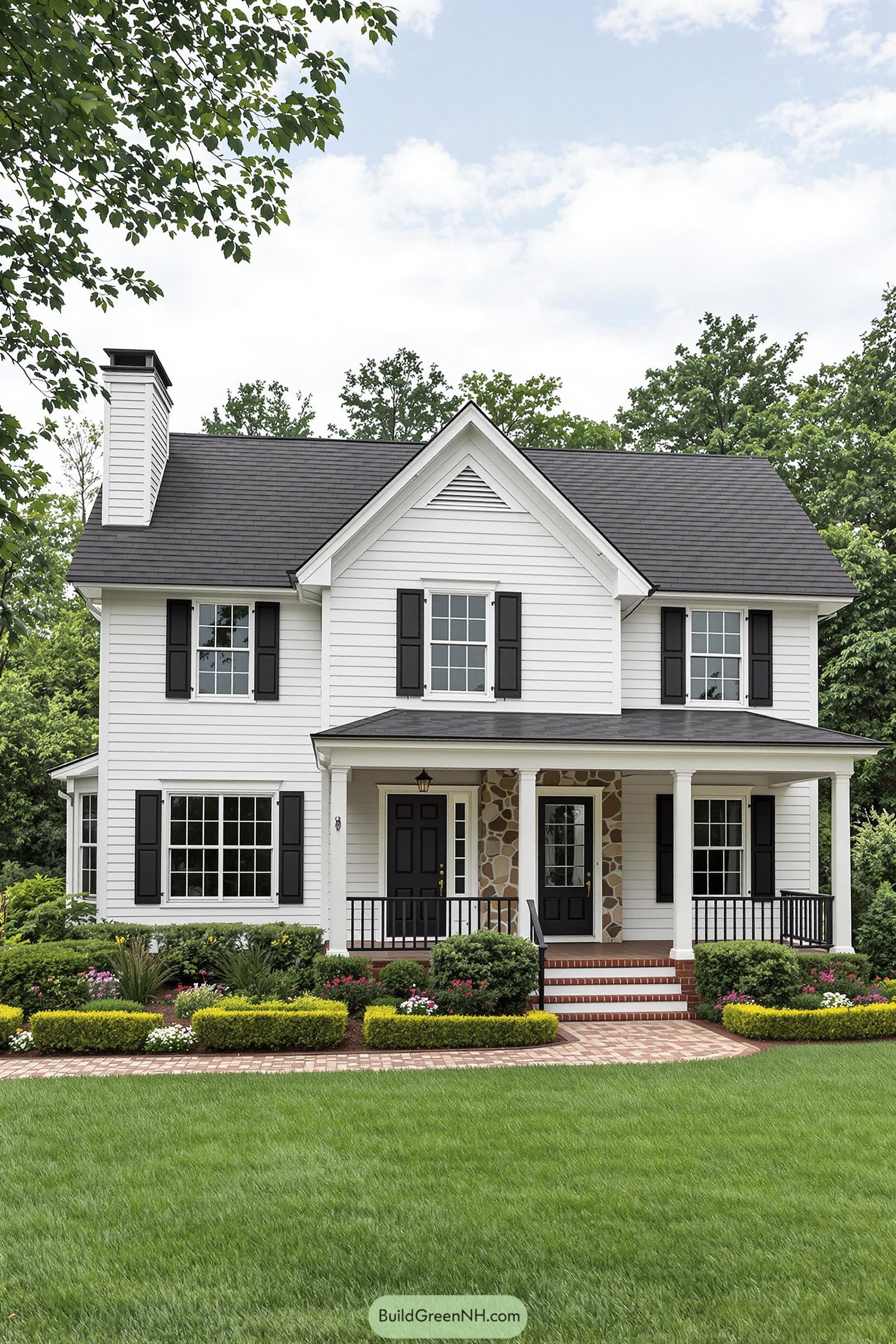 Elegant white country house with black shutters
