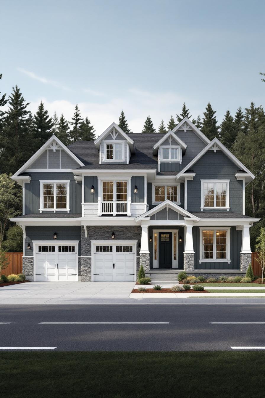 Blue Craftsman house with stone accents and a two-car garage