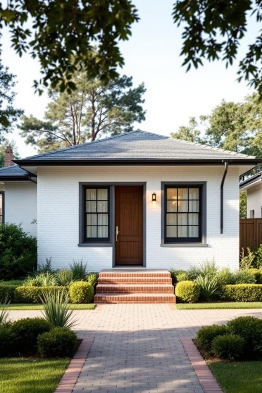 White cottage with black-trimmed windows and wooden door, surrounded by tidy green landscaping