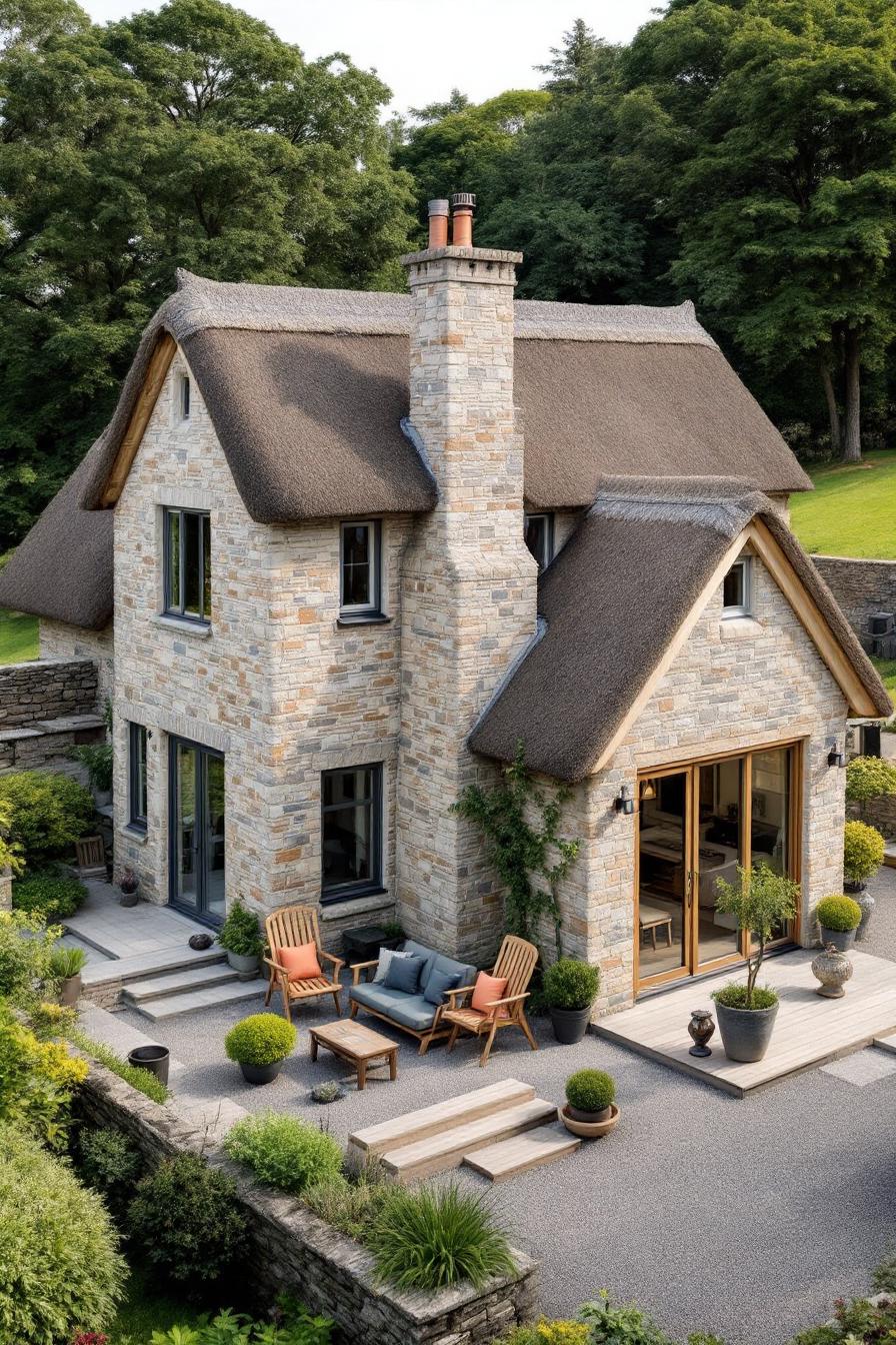 Charming stone cottage with thatched roof and cozy patio