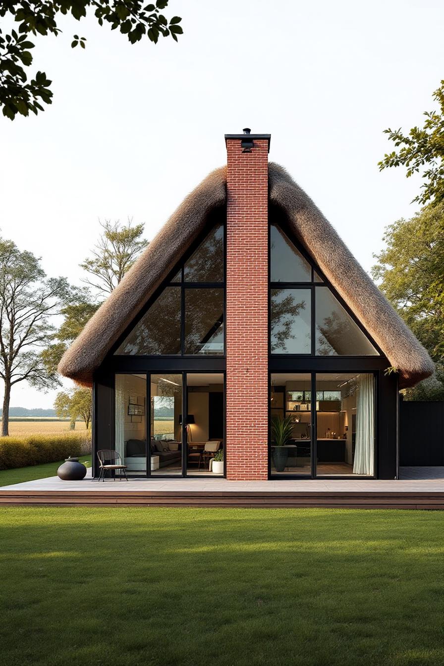 Rustic thatched-roof cottage with red brick chimney and floor-to-ceiling windows