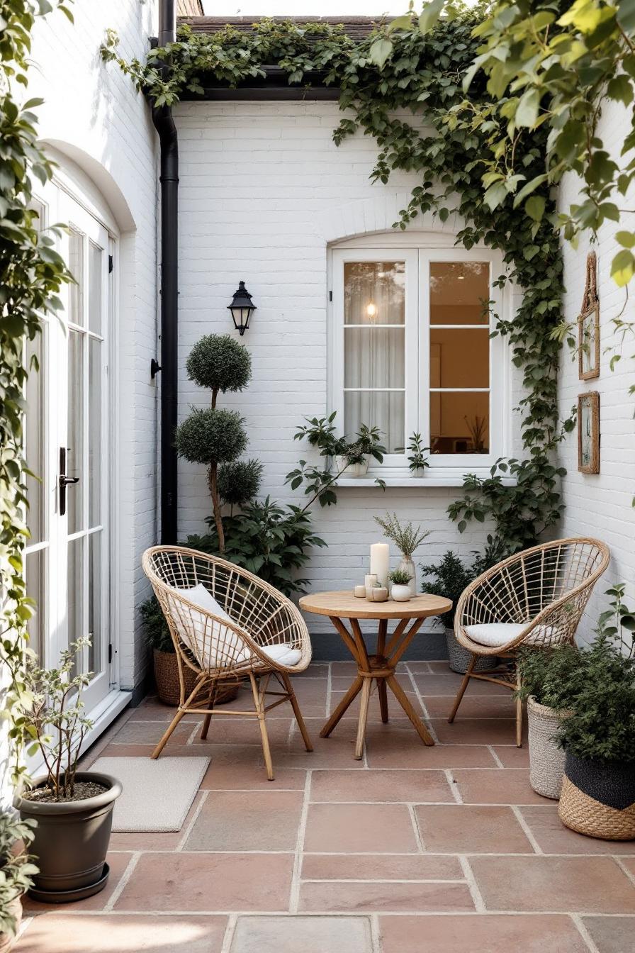 Cozy courtyard with wicker seating and potted plants