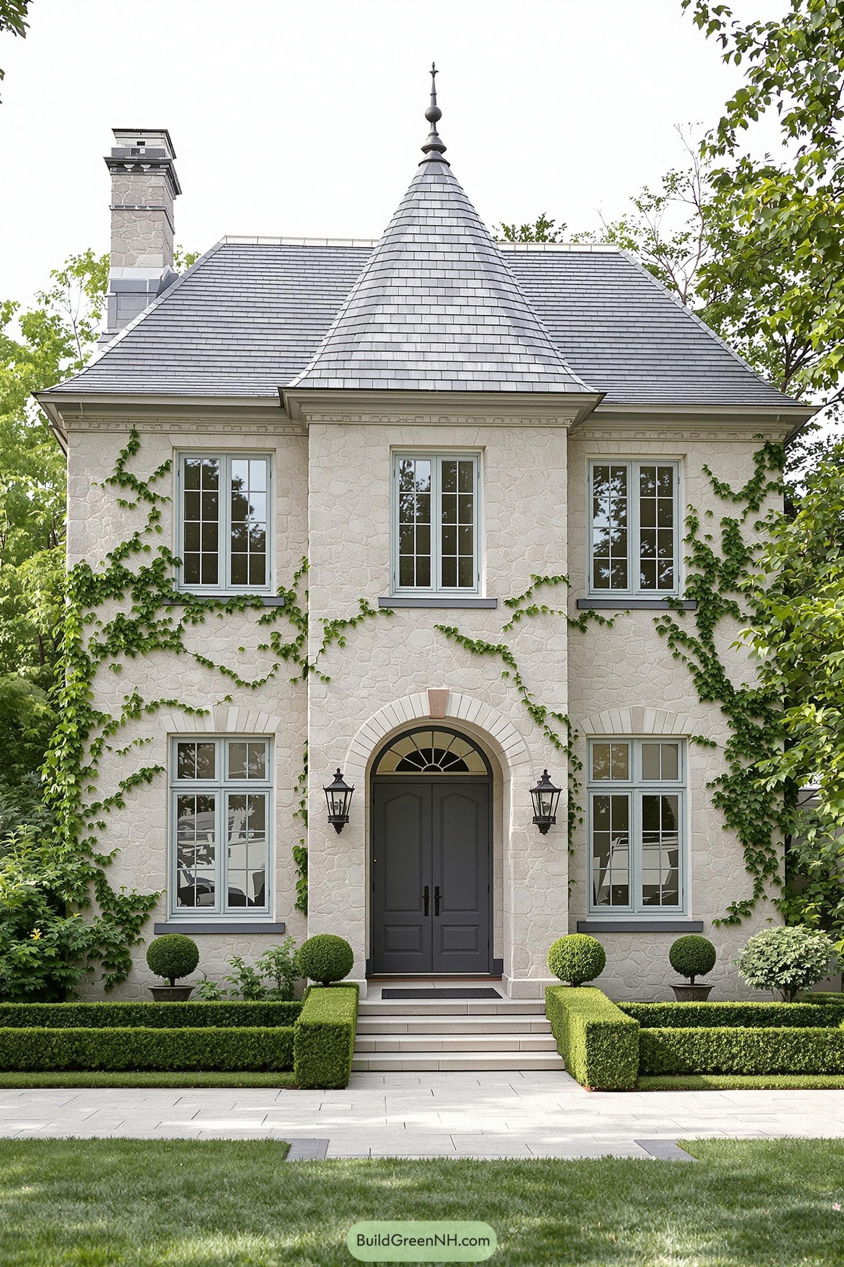 Charming stone house with ivy-covered walls and lush garden