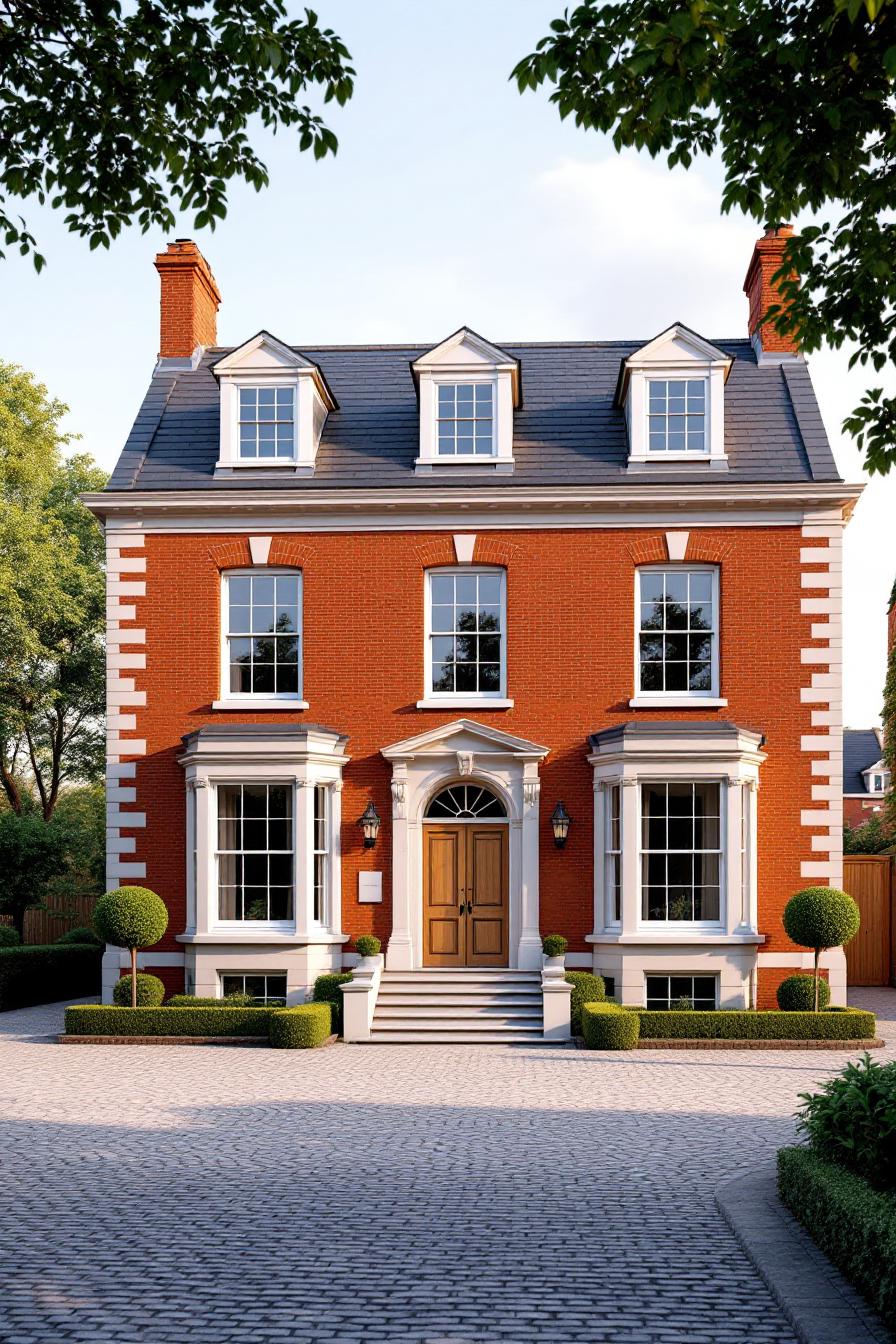 Red brick cottage with decorative trees