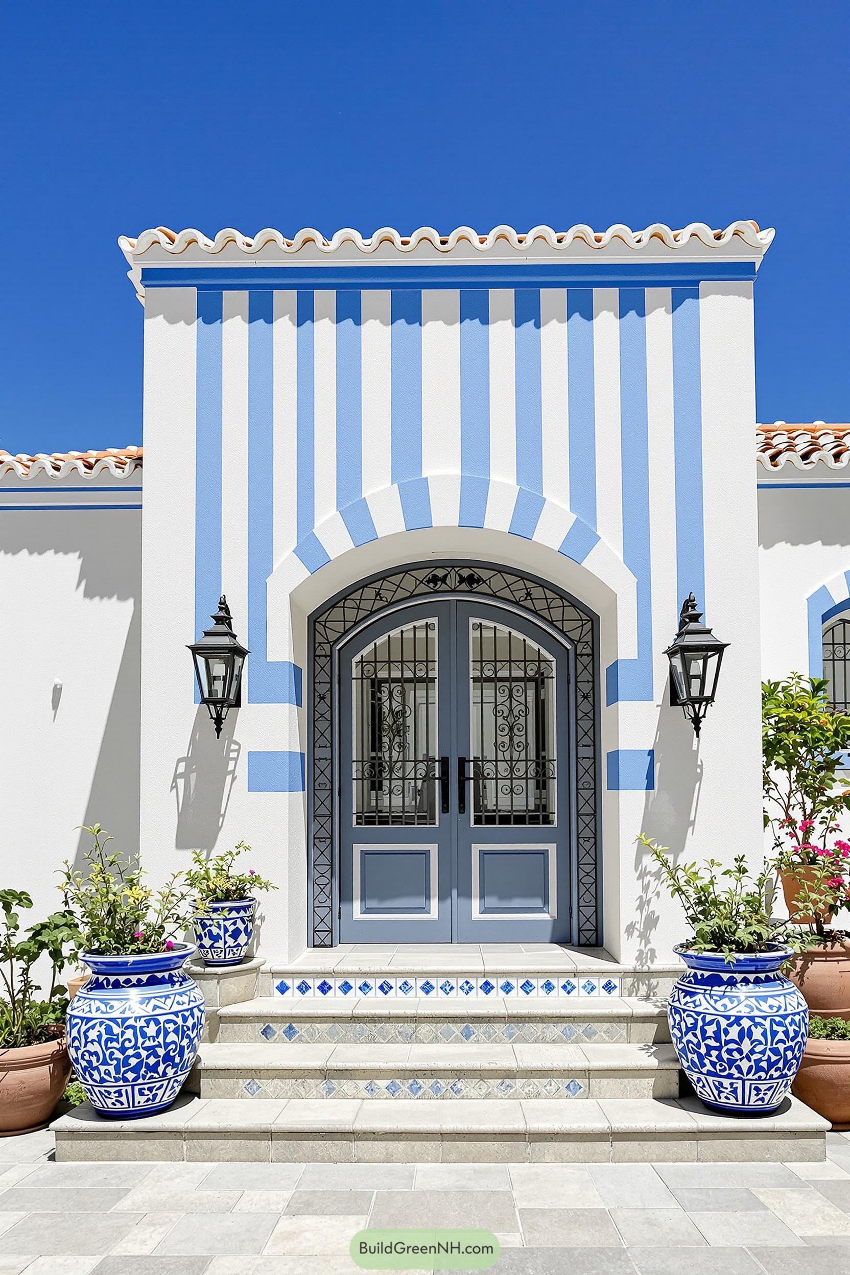 Blue and white Greek cottage entrance with potted plants