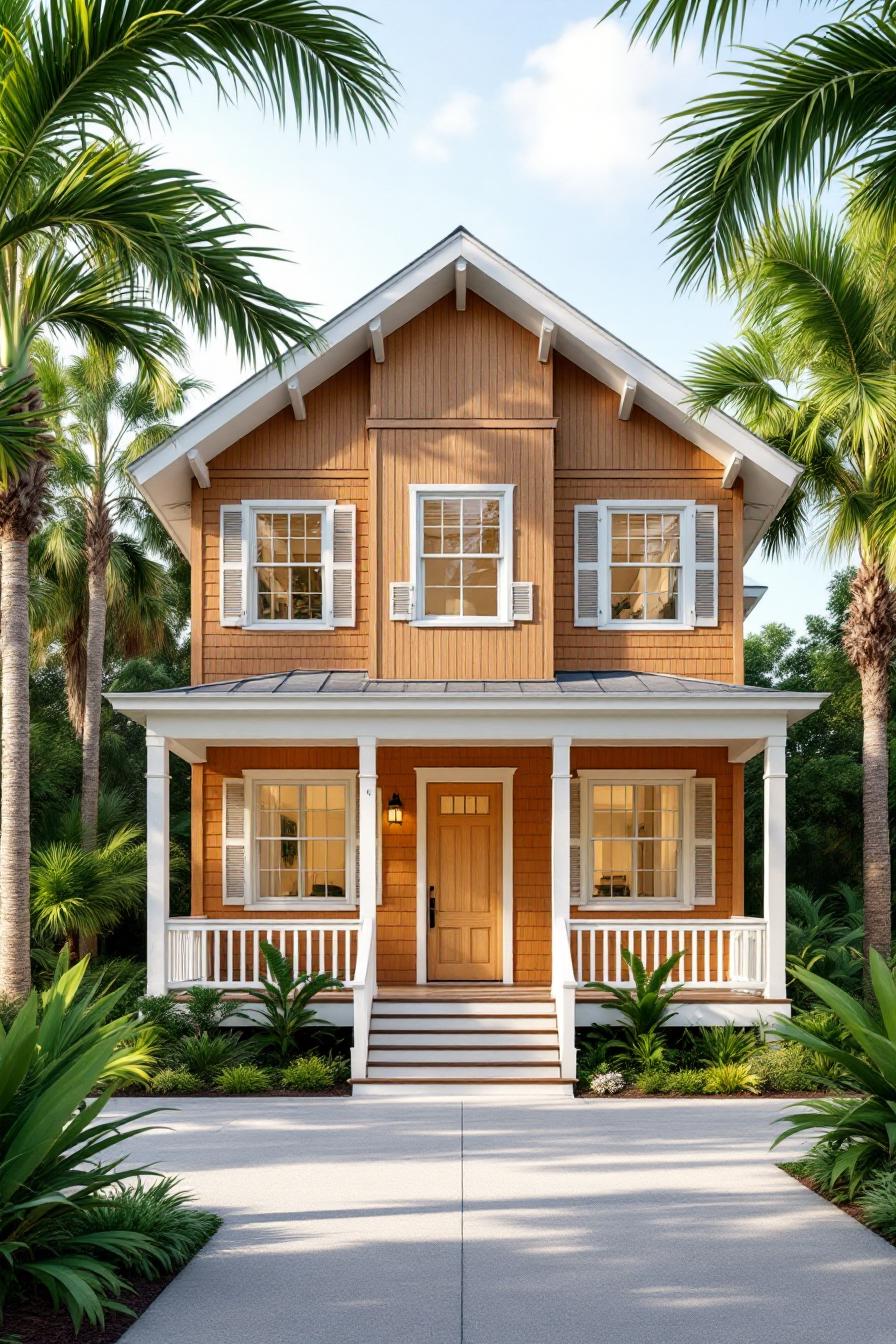 White-trimmed wooden cottage with lush palms