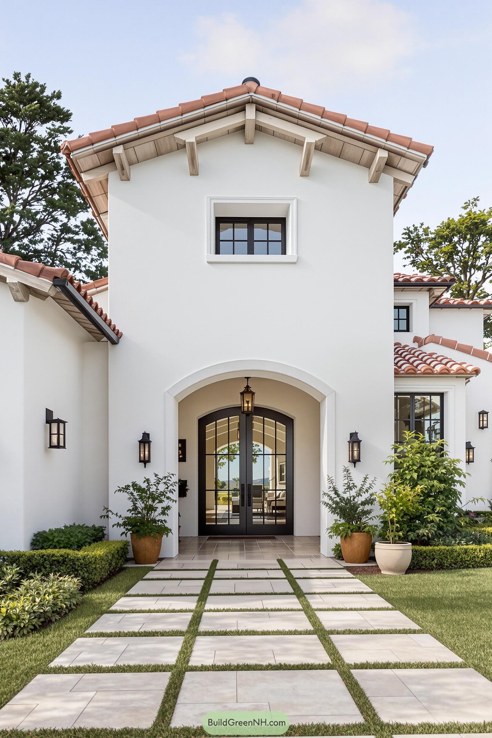 Charming entrance of a Spanish Revival home with archway and terracotta tiles