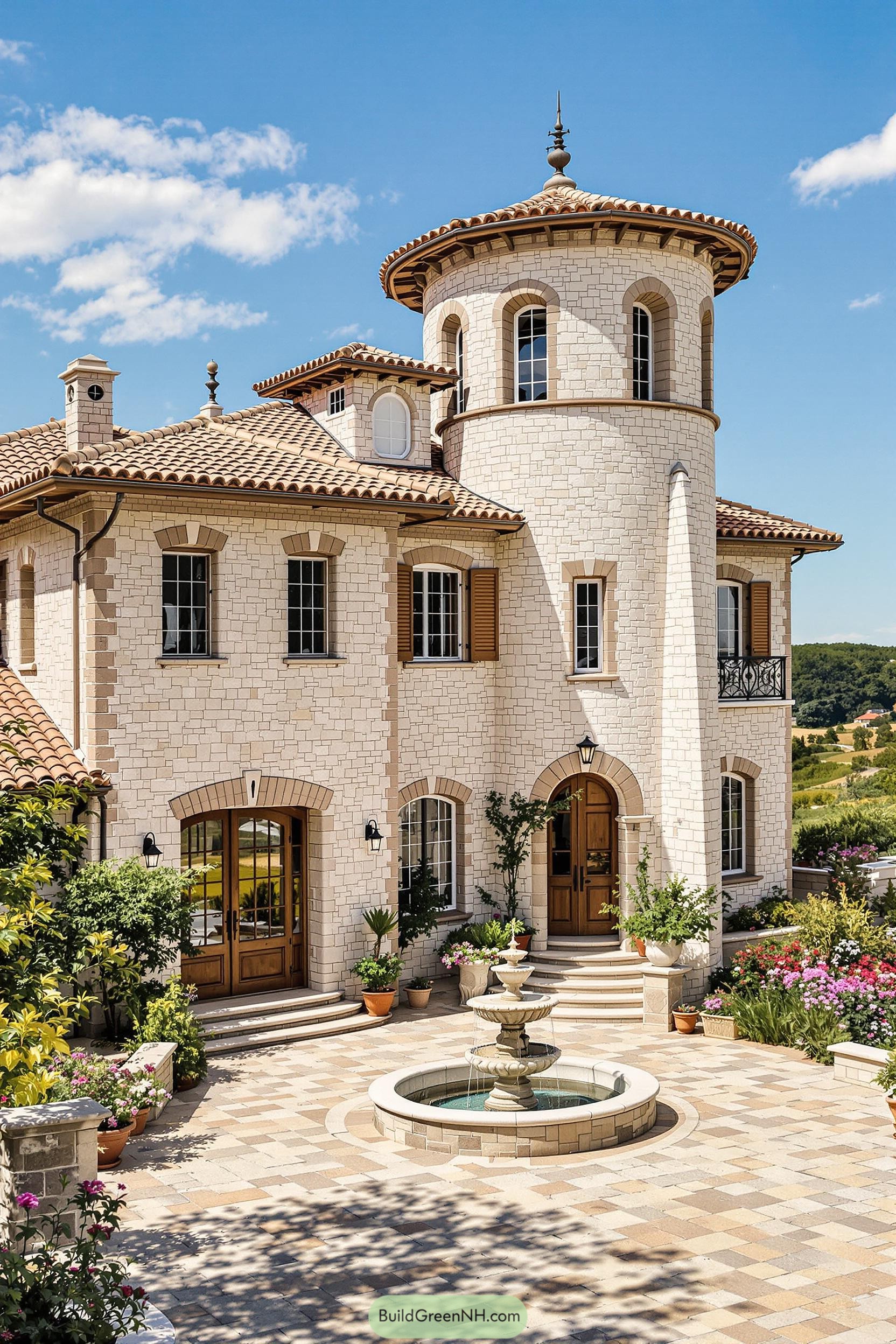 Elegant stone cottage with turret and garden