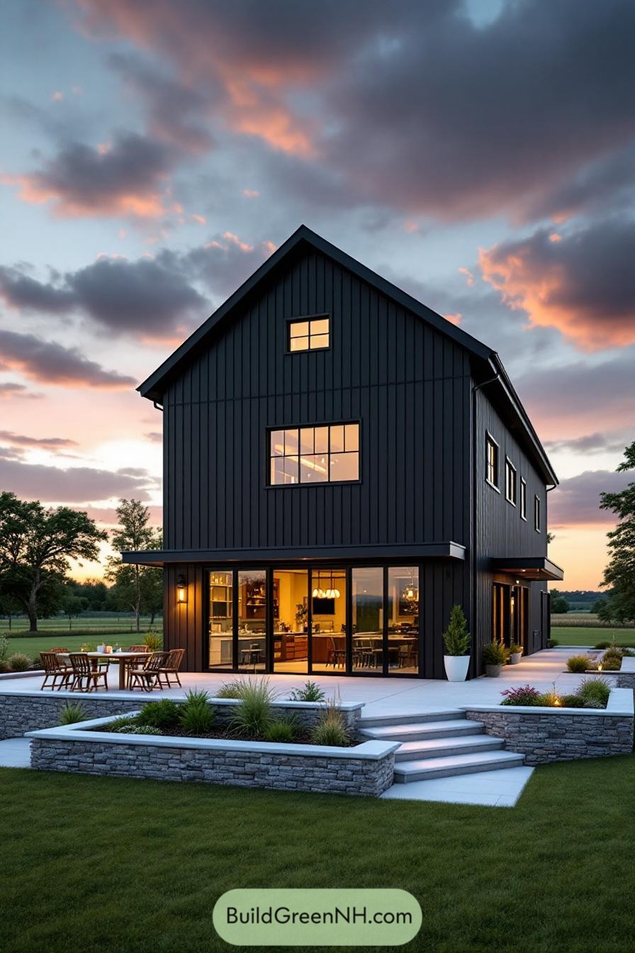 Black modern barn with large windows and patio