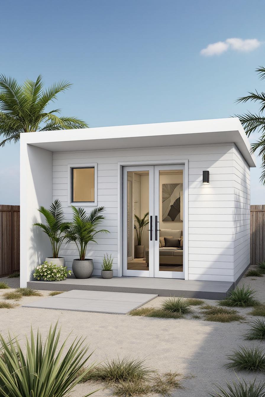 White beach shack with potted plants and glass doors