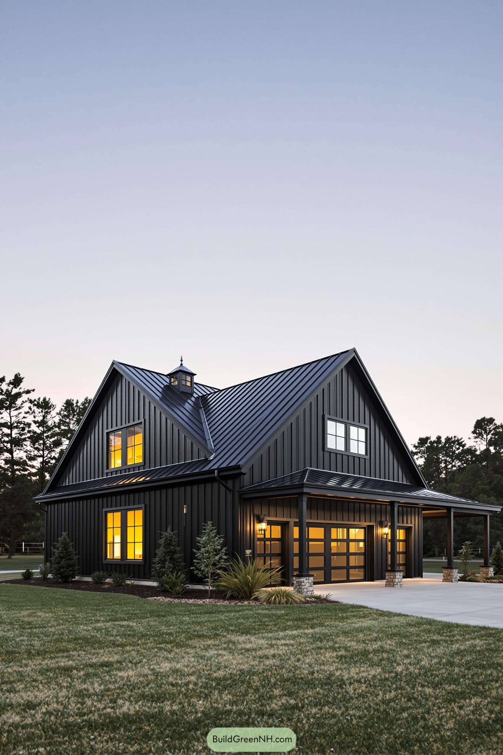 Black barndominium with warm lights and a sleek metal roof