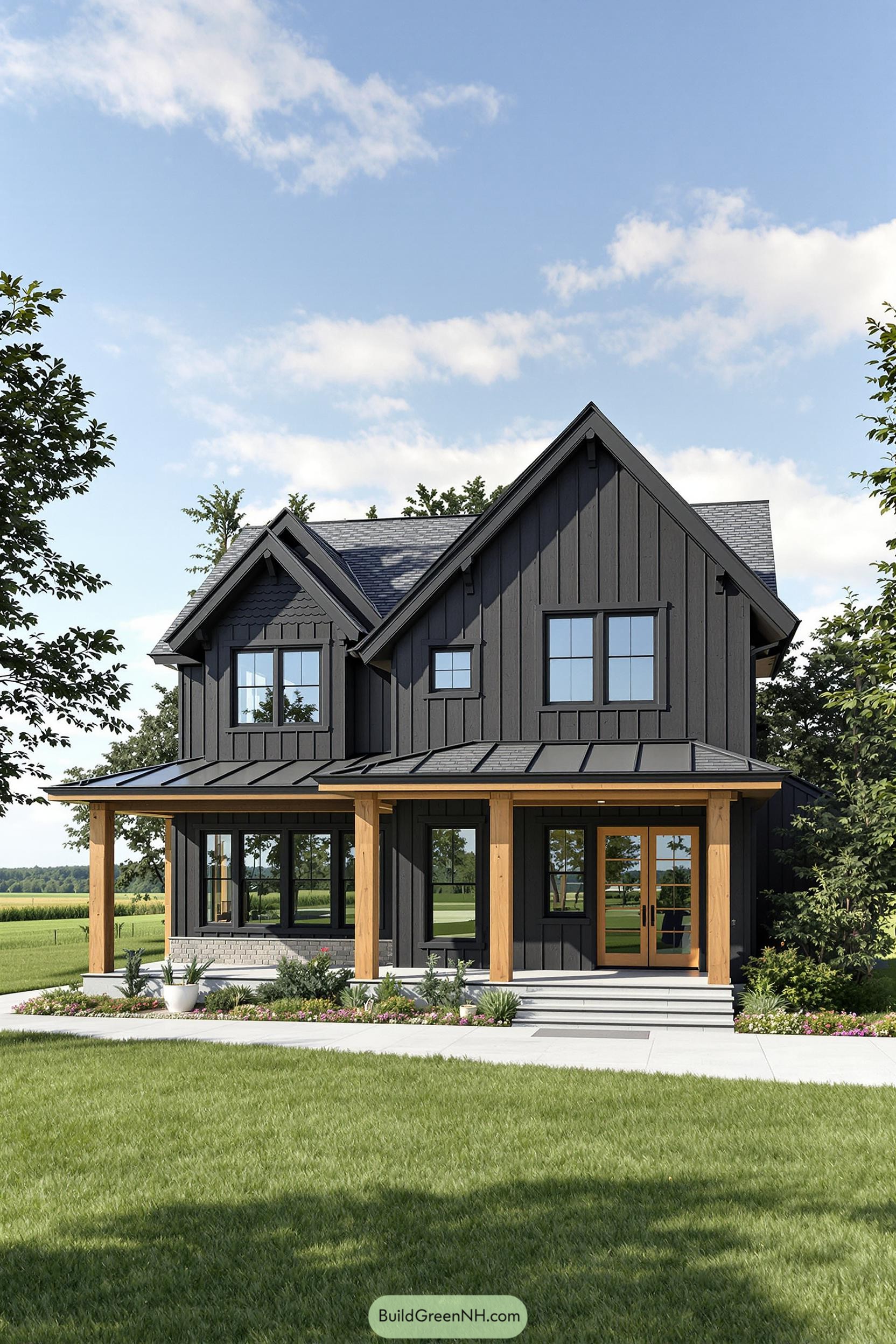 Black craftsman-style house with wooden columns and lush lawn