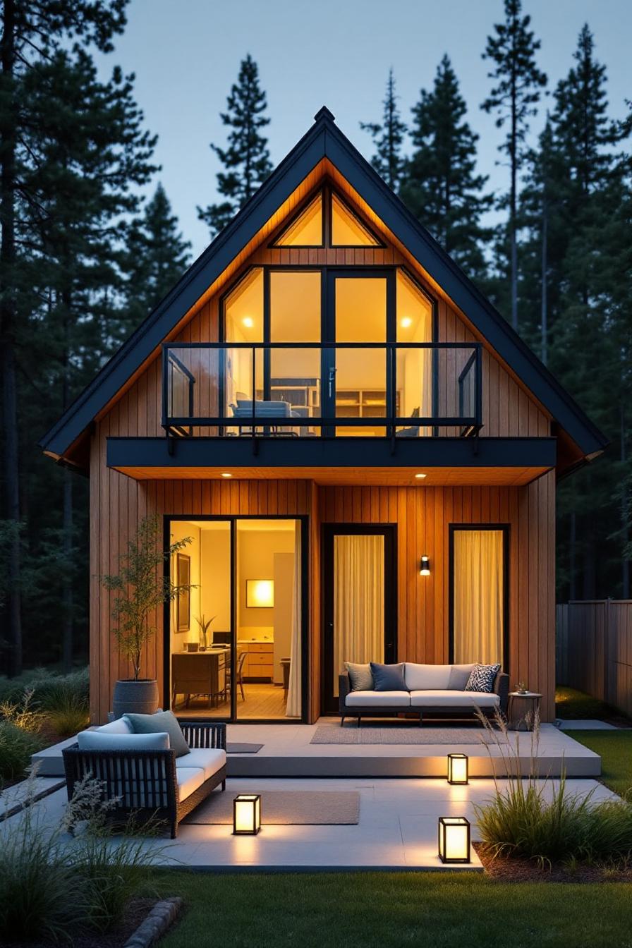 Warmly lit modern craftsman home with tall windows and outdoor seating