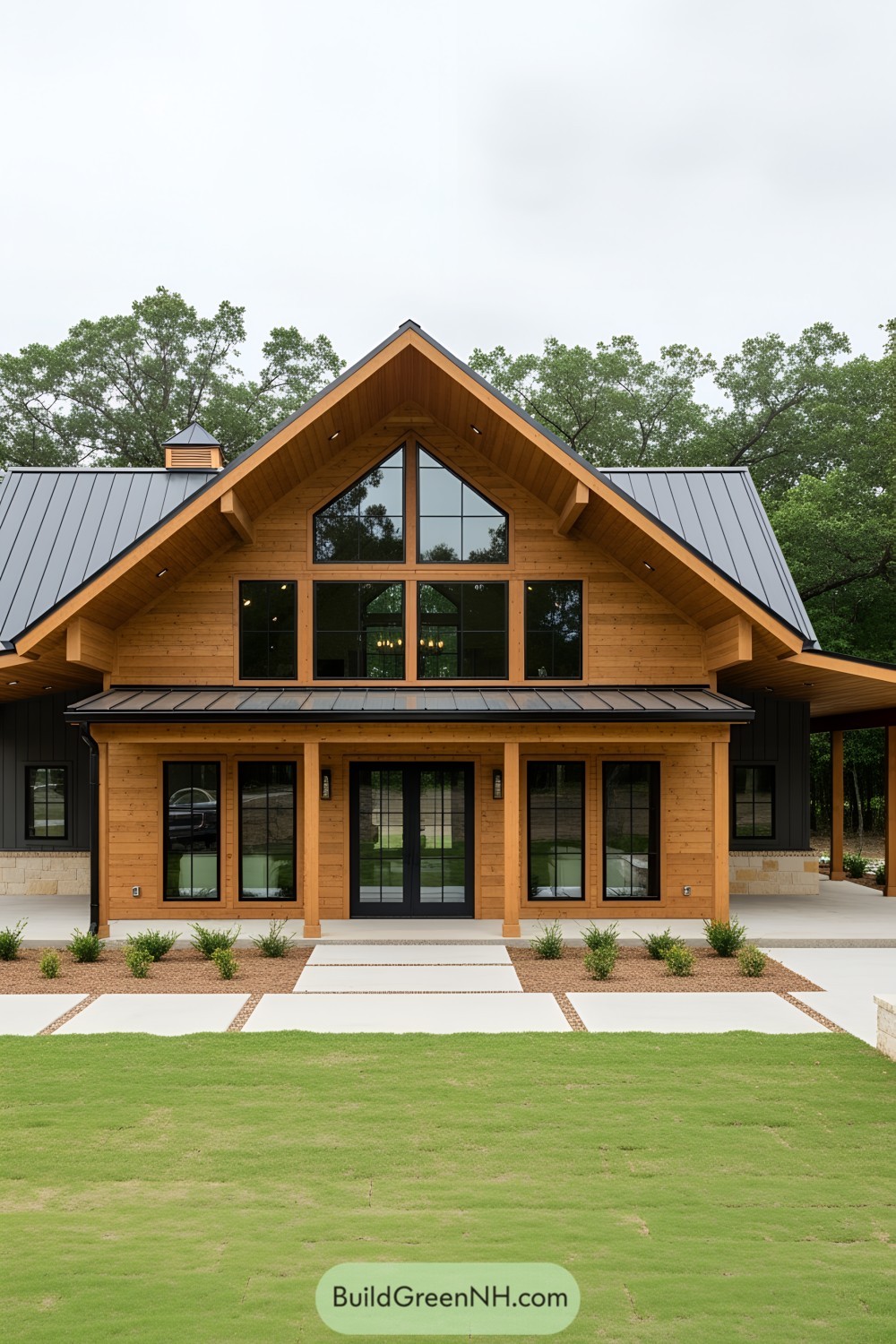 Modern farmhouse with a wooden exterior and large windows