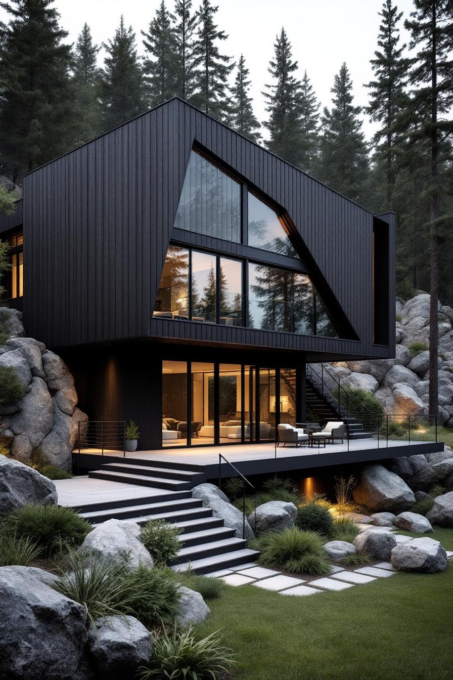 Contemporary black cabin nestled in a rocky, forested landscape