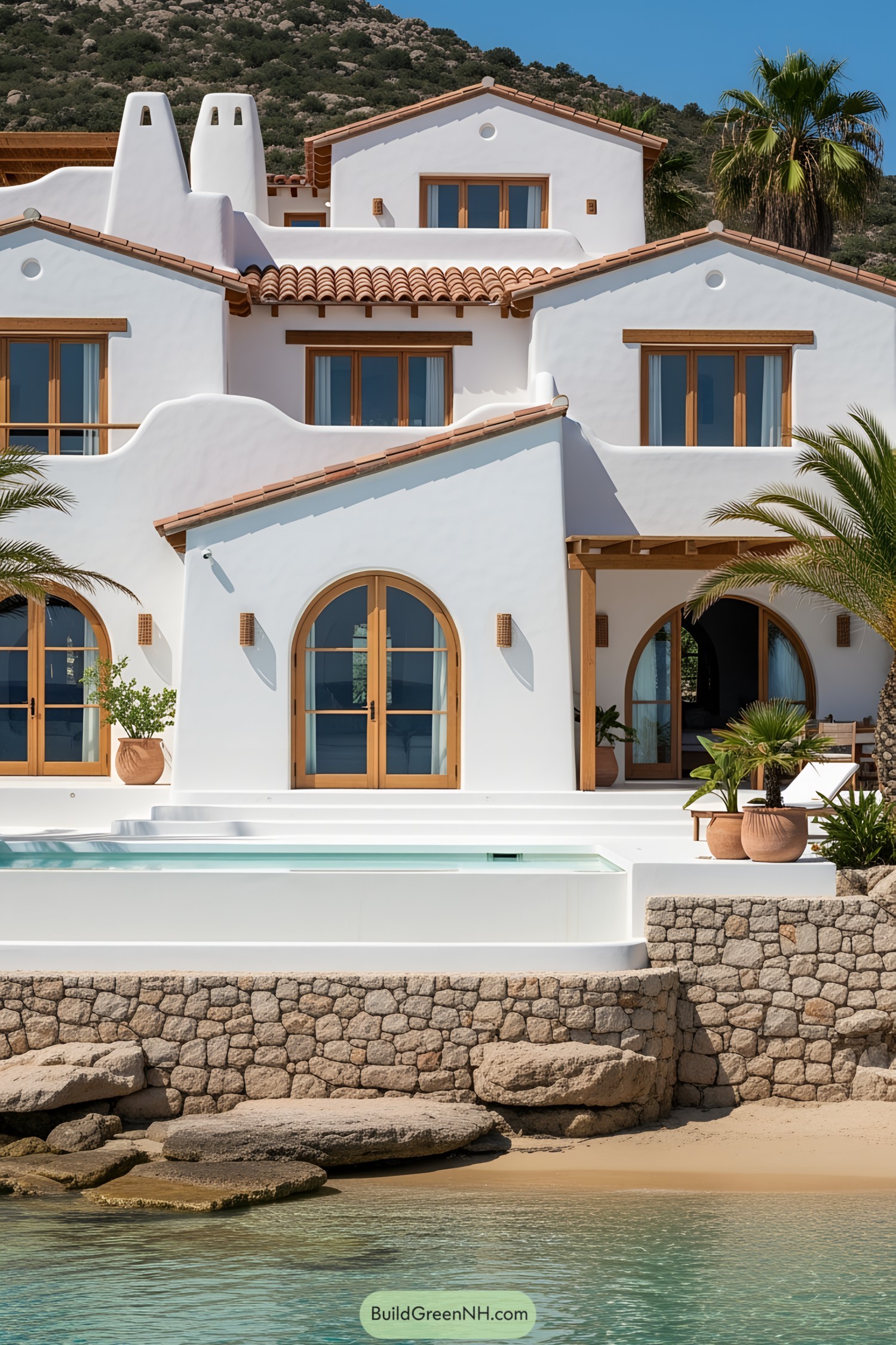 Elegant Mediterranean beach house with white stucco walls and terracotta roof