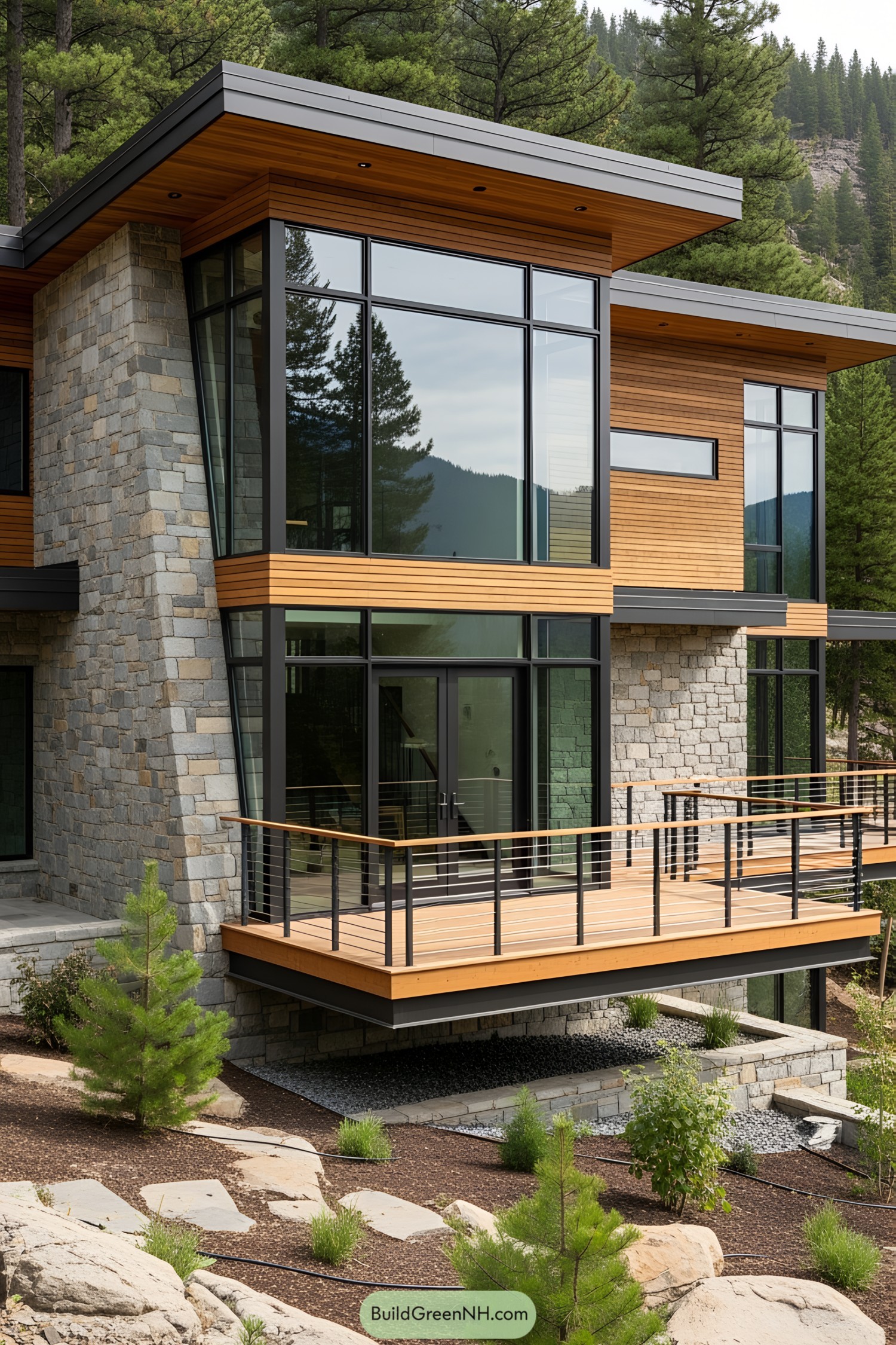 Modern mountain villa with large windows facing a forest backdrop