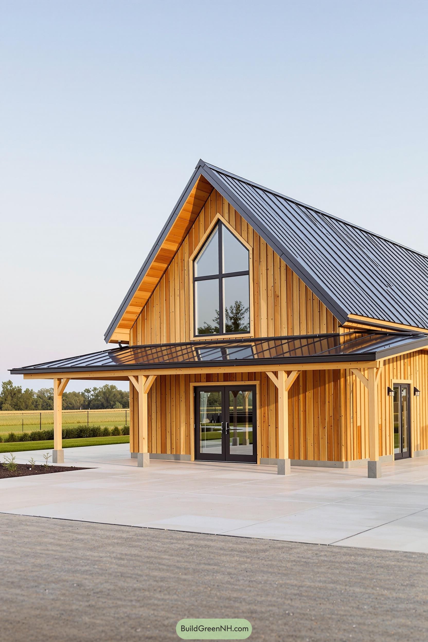 Wooden pole barn house with large windows and a sleek metal roof