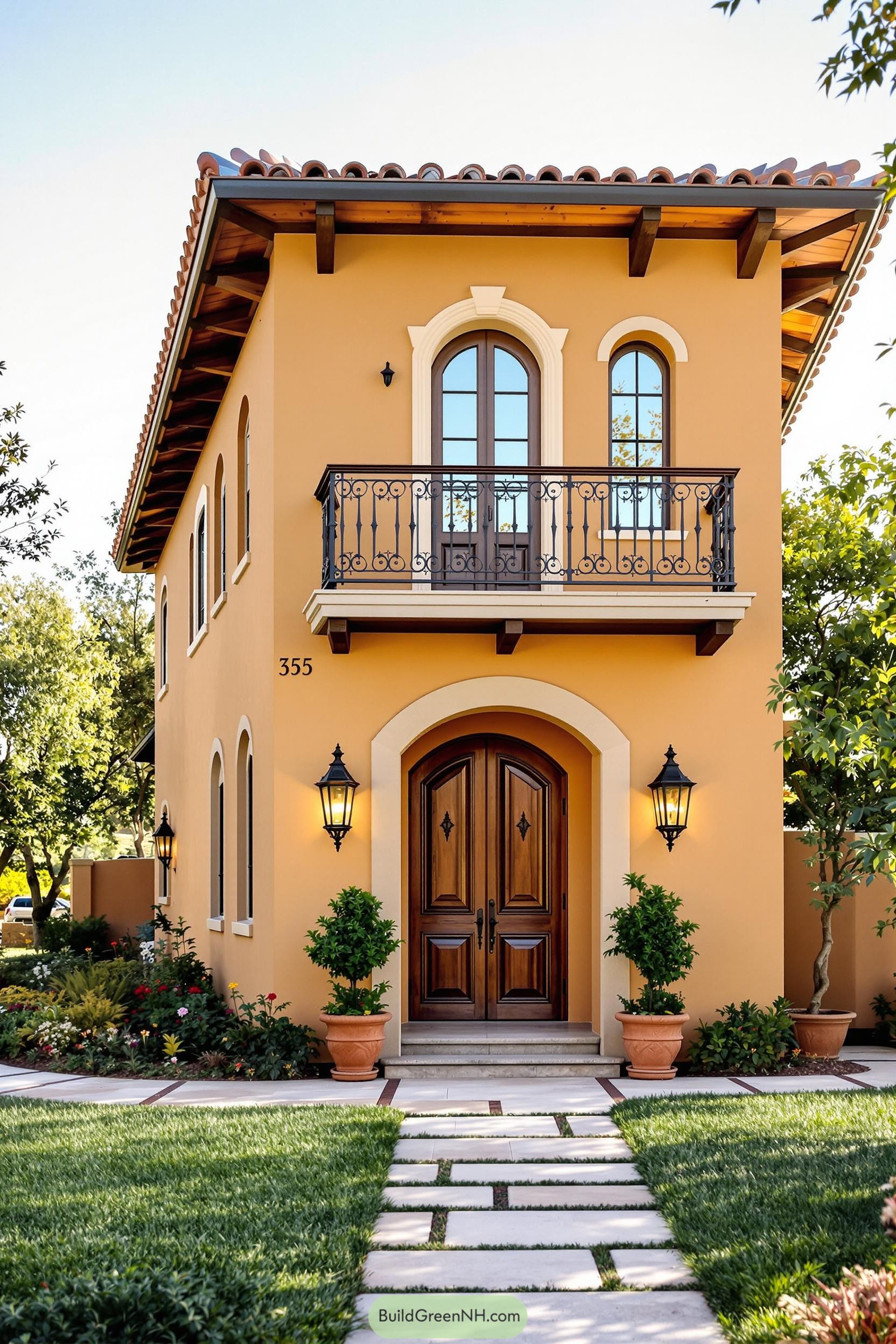 A small Tuscan house with warm colors and lush greenery