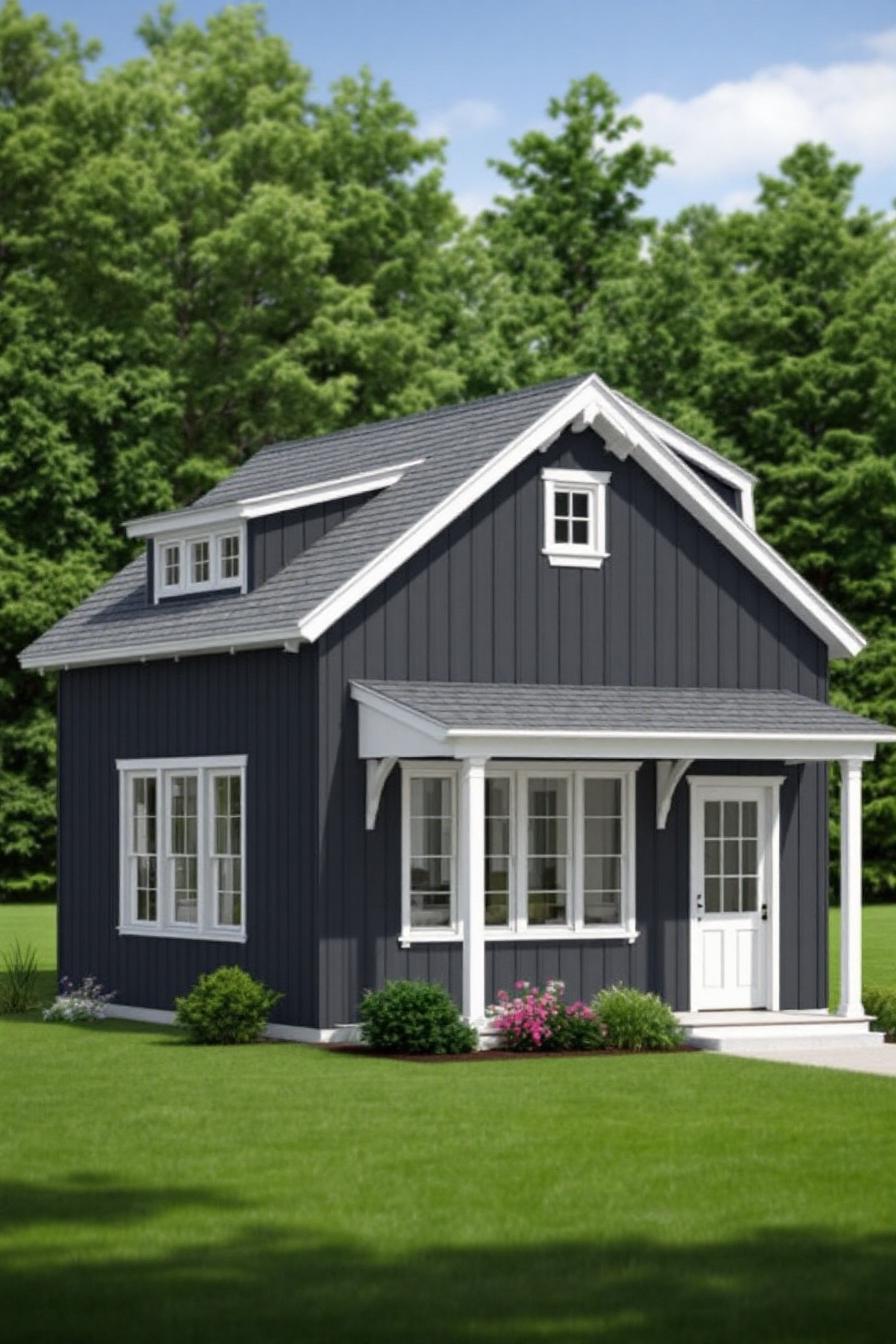 Quaint barndominium with blue siding and white accents