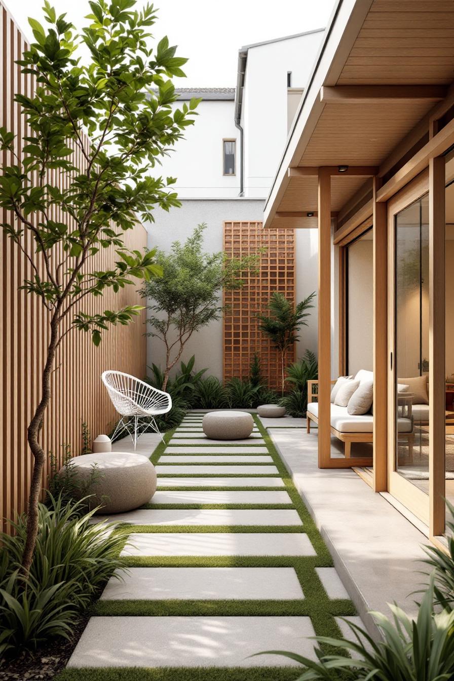 Modern courtyard with wooden accents and green spaces