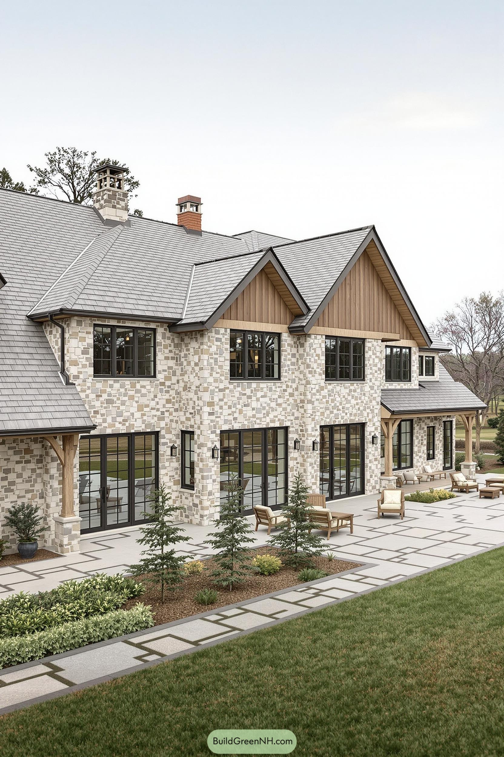Two-story stone farmhouse with a spacious patio and lush surroundings