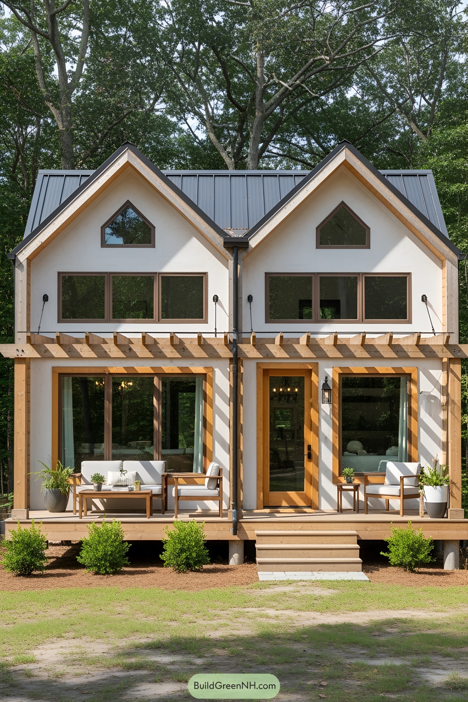 Small modern barndominium with a wooden porch