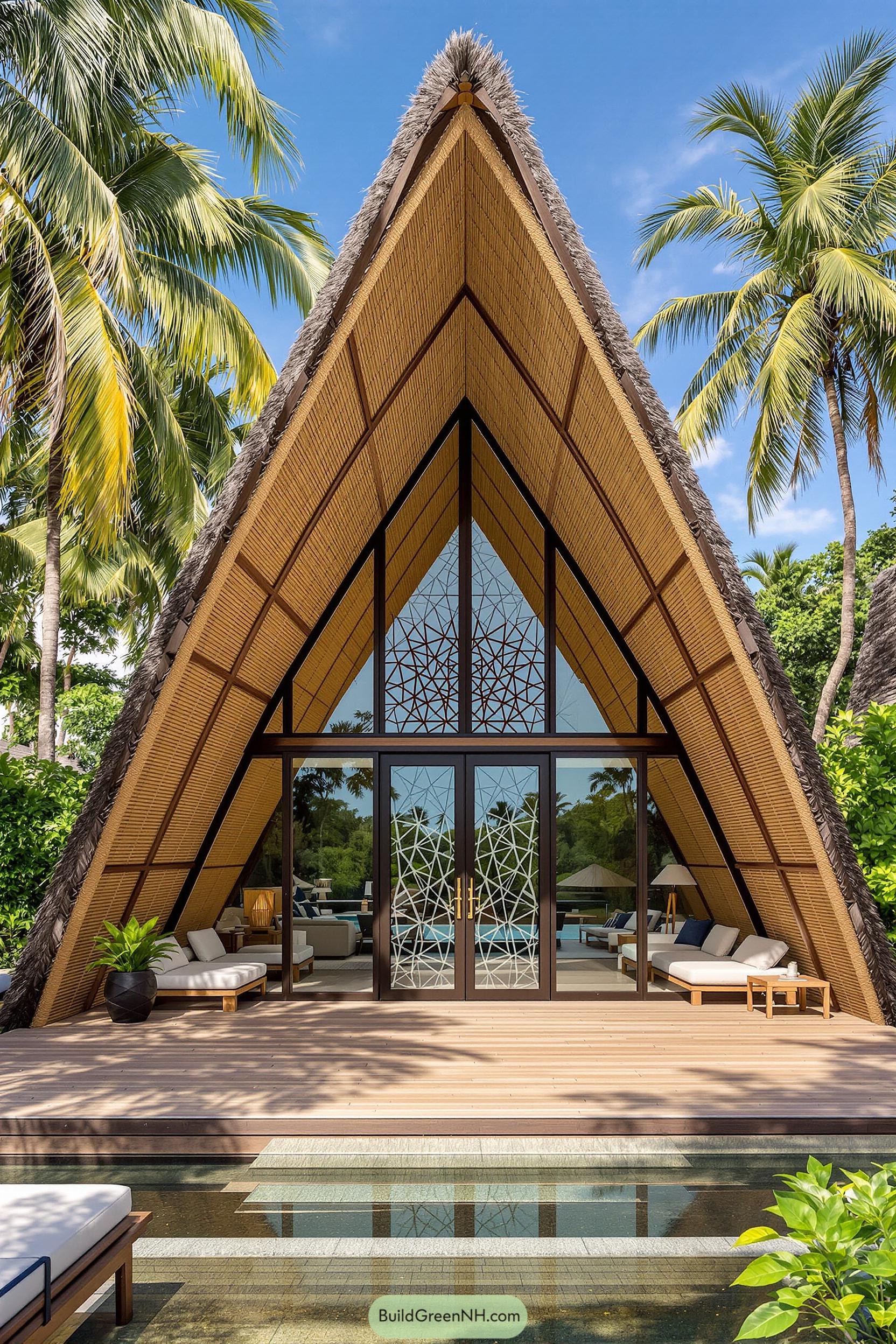 Cabana with a steep A-frame roof and palm trees