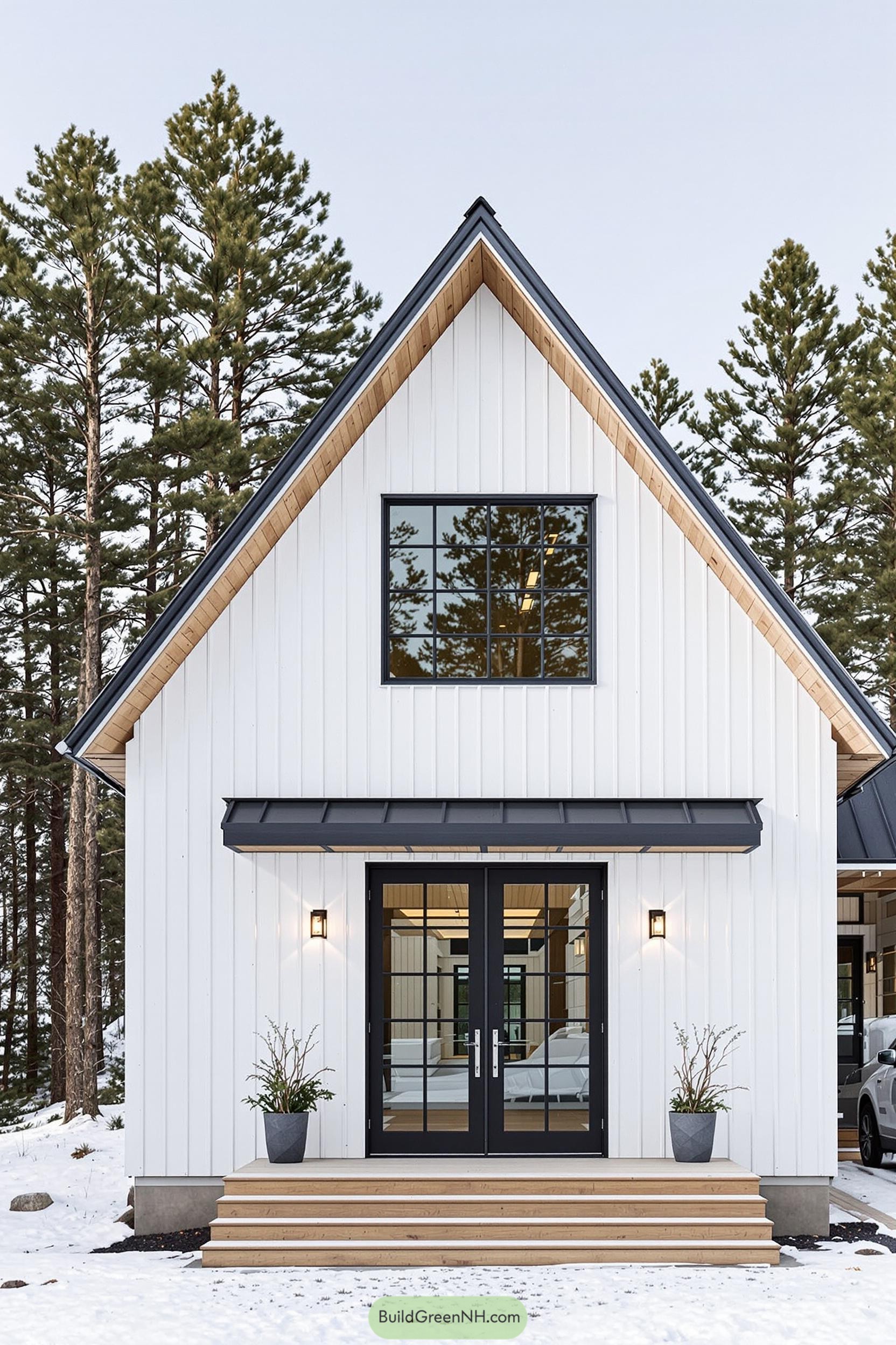 A sleek white barndominium with a large window and double doors