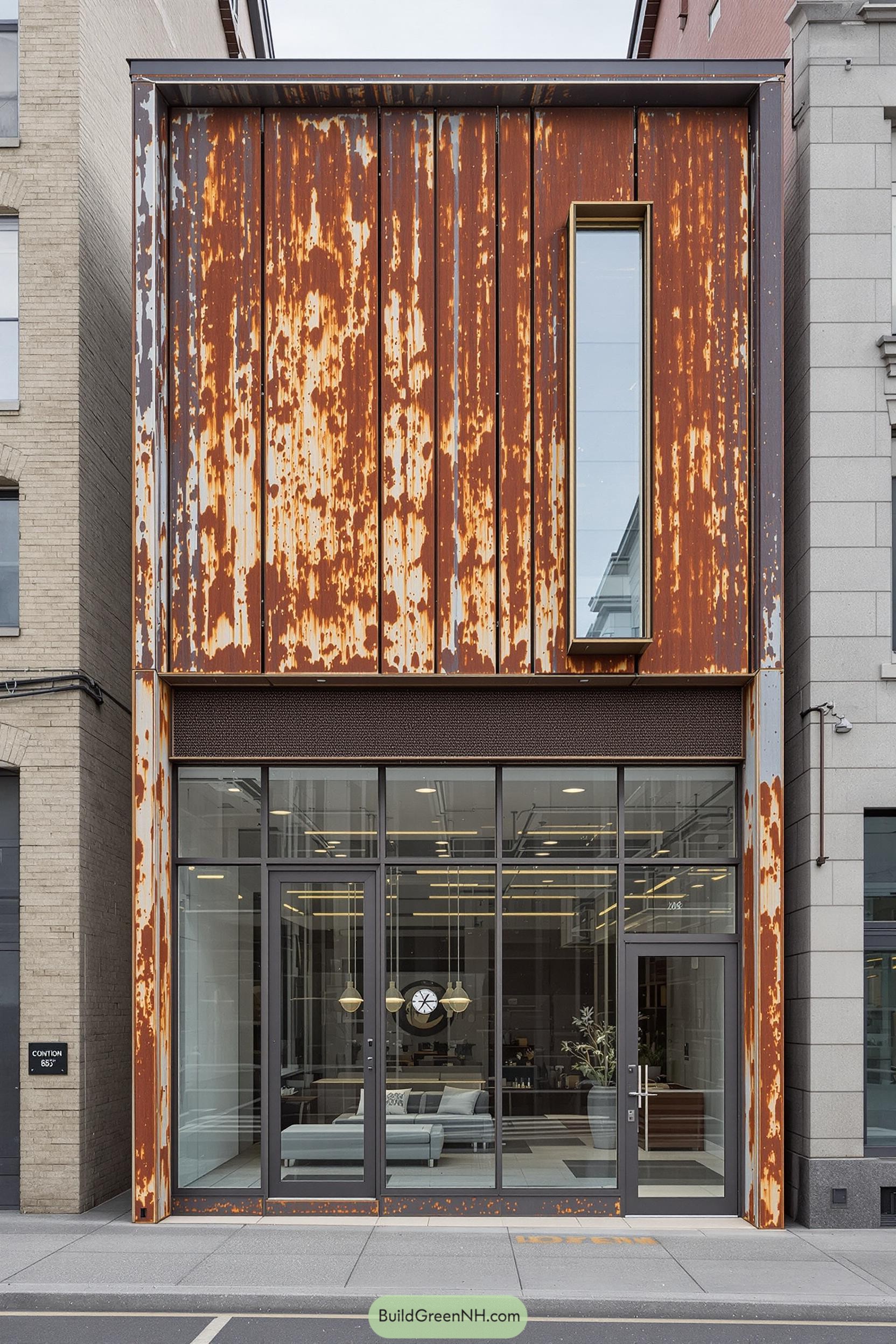 Contemporary building with rustic, rusted metal facade and large glass windows