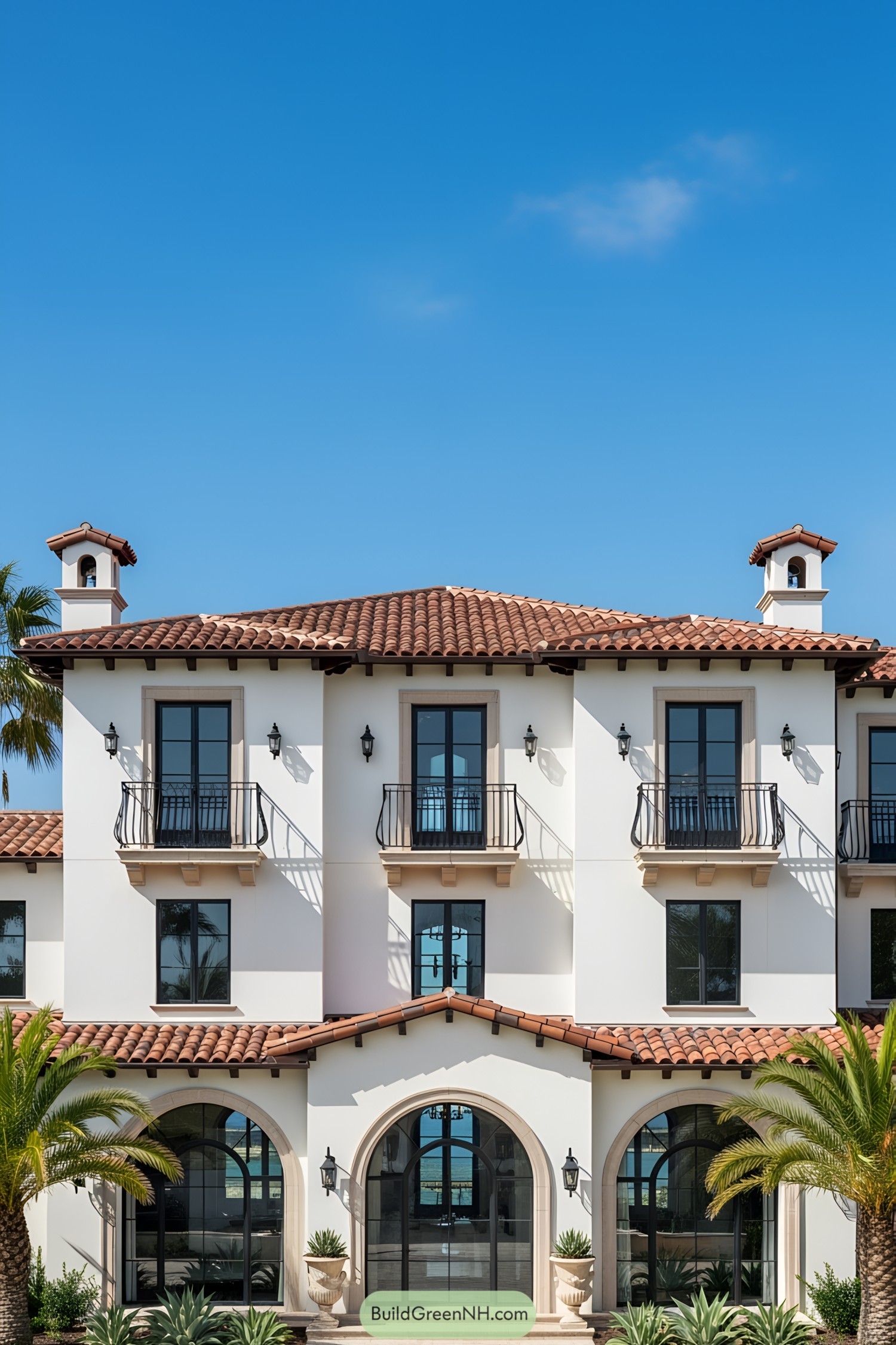 Luxurious white facade with red roof tiles and arched windows