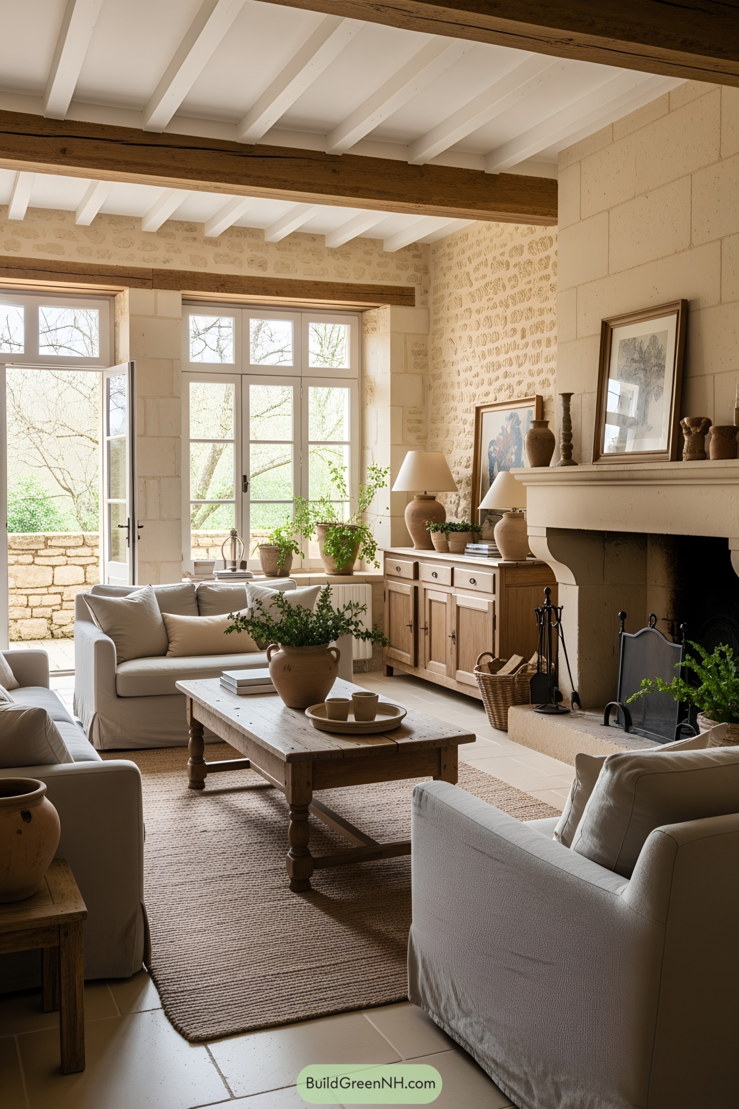 Sunlit living room with rustic decor and stone walls