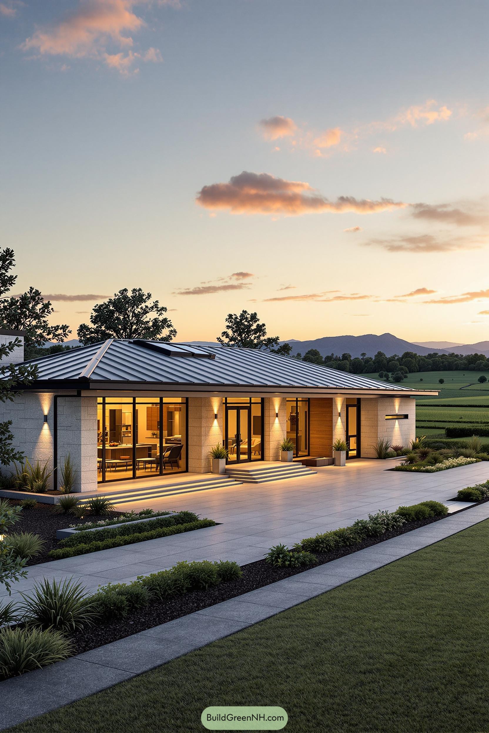 Modern ranch house at sunset with mountains in background