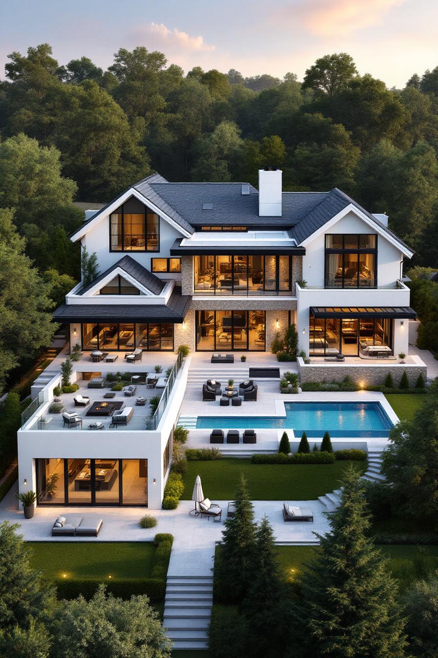 Luxurious villa with modern terraces and a pool