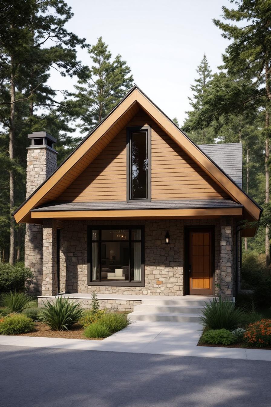 Stone and wood dormer bungalow amidst tall trees