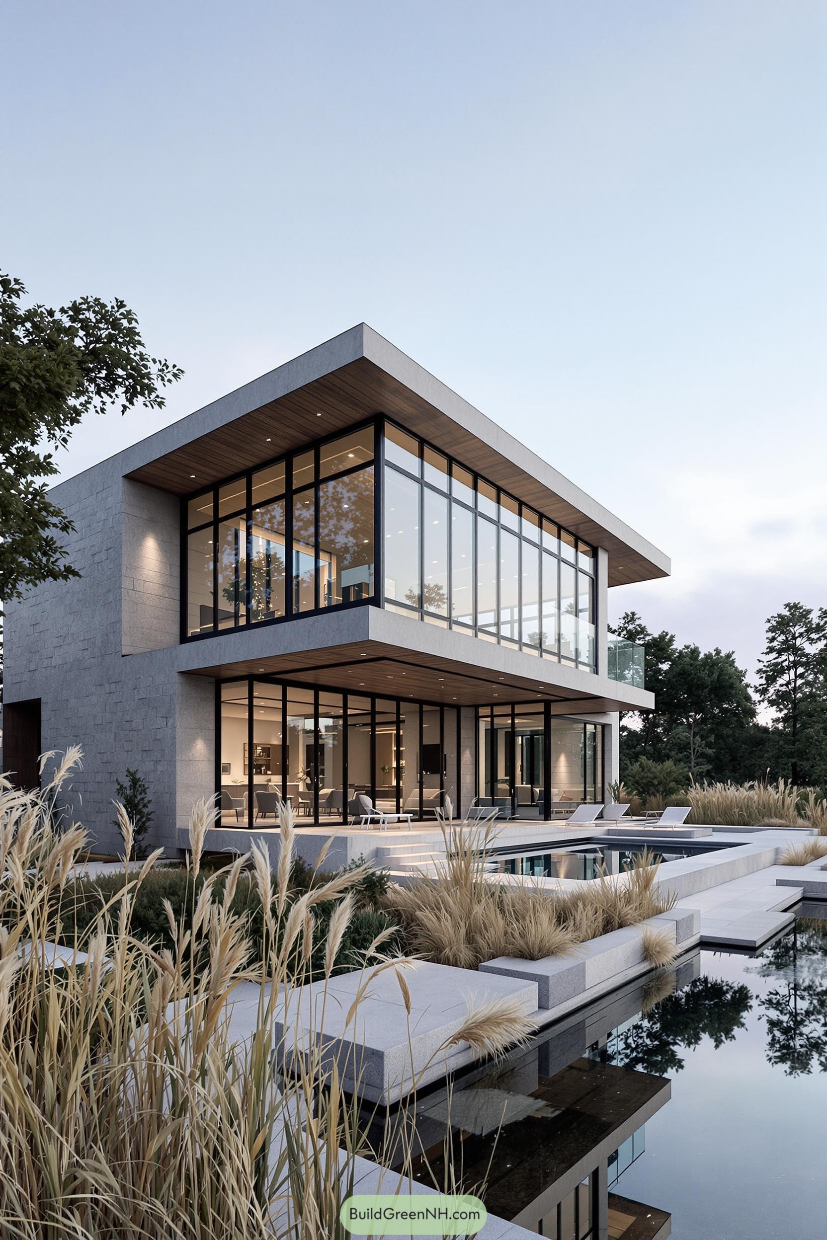 Modern house with glass walls and a pool