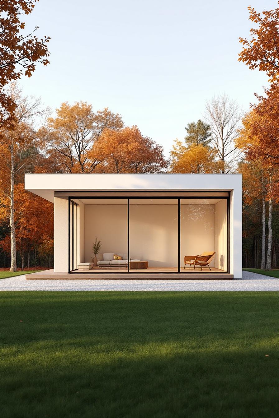 Small rectangular house with large glass windows in an autumn setting