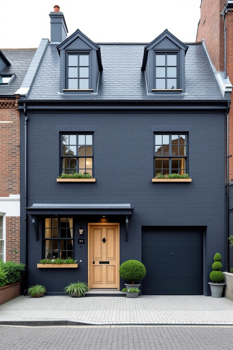 Dark brick home with wooden door and lush greenery