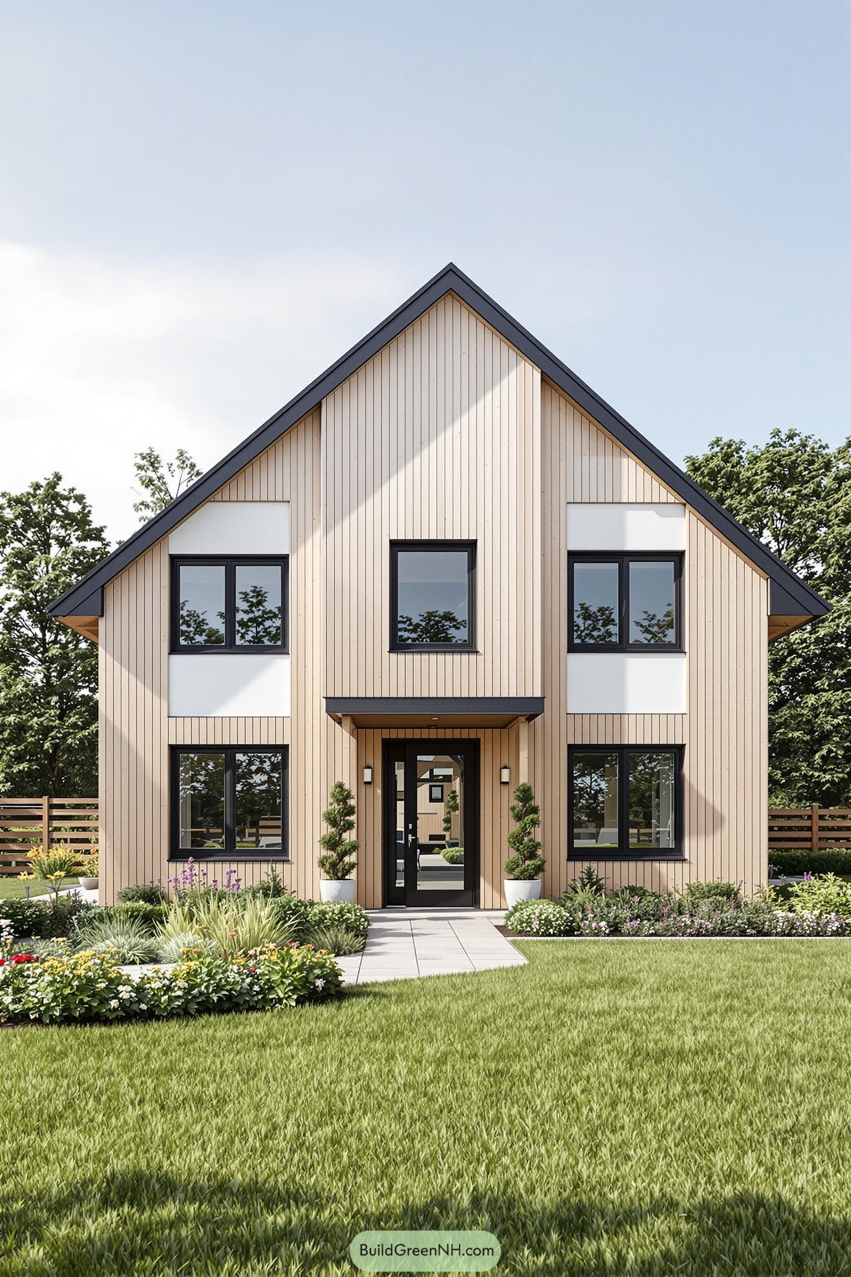 Stylish barn house with clean lines and lush garden