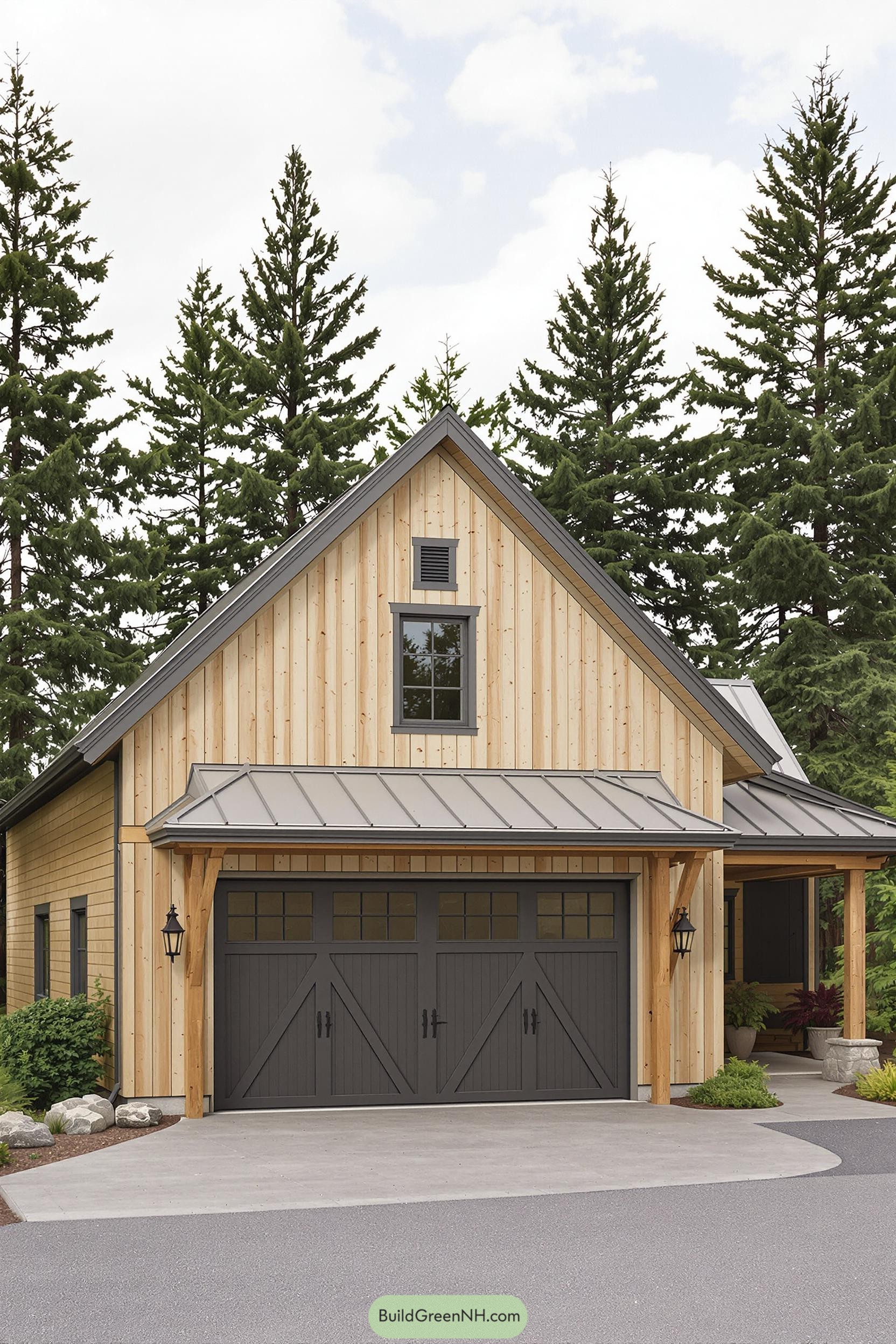 Wooden barn house with dark double garage doors surrounded by trees