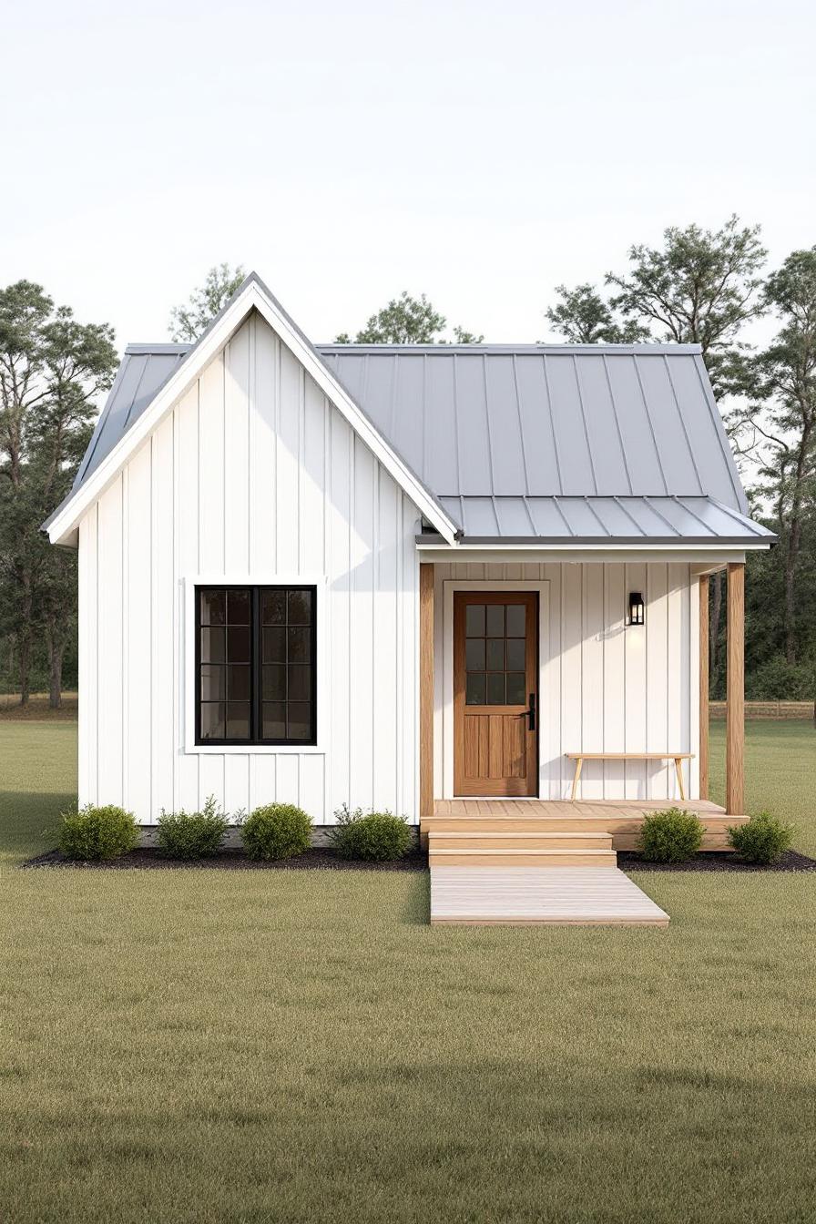 White cottage with wooden porch in a green field