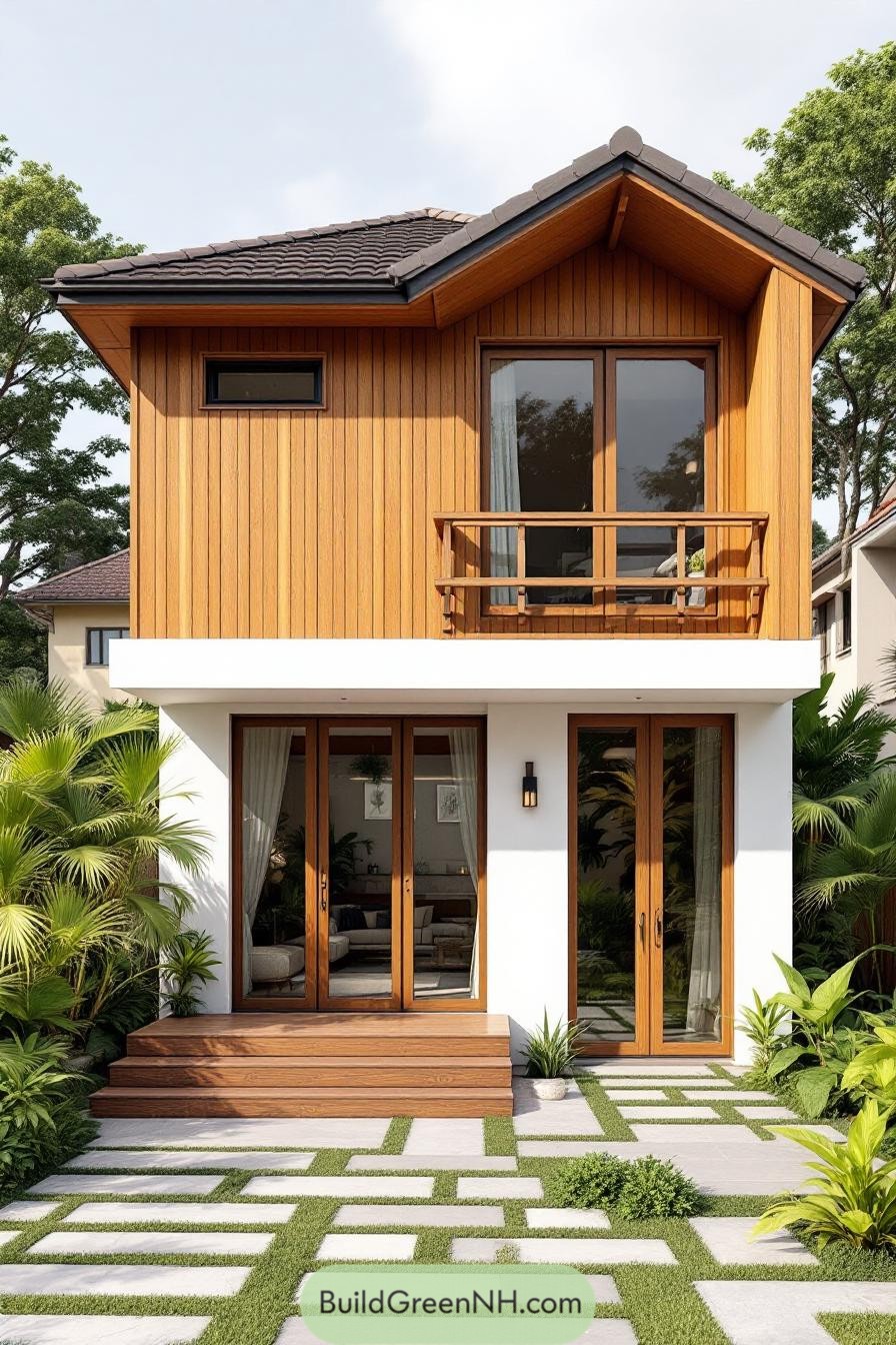 Two-story house in a lush tropical setting with a wooden facade